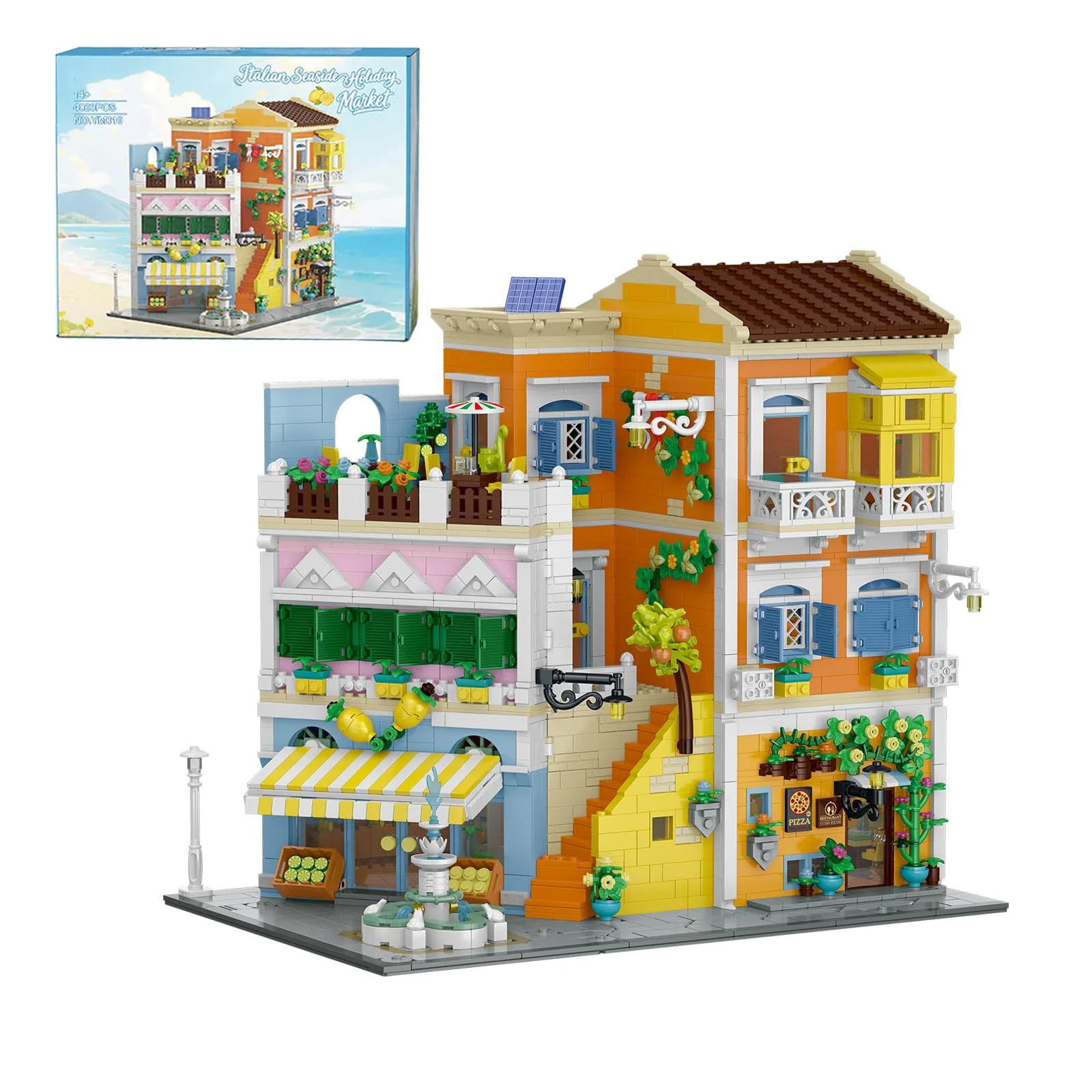 MikaBrical Europäisches Haus Klemmbausteine - 4017 Teile Italien Stadthäuser Modulbau, Modulares Gebäude Bauset mit Limonenladen & Pizzeria für Erwachsene Youmko YM010