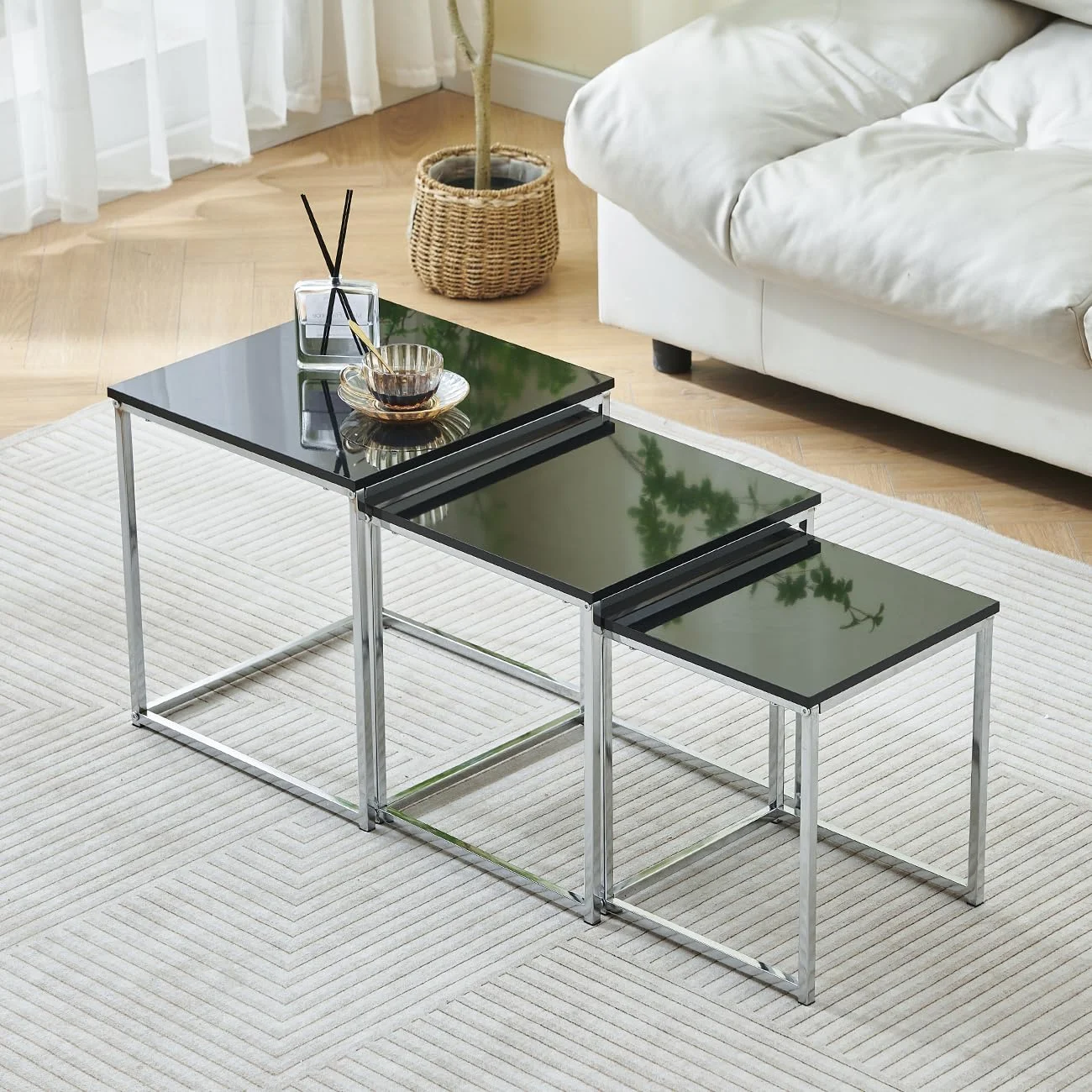 Ansley&HosHo 3er Set Verschachtelte Beistelltische Marmoroptik Nesting Couchtische Beistelltisch mit Metallgestell für Wohnzimmer Empfang Nachttische Stapelbar Beistelltische Lampentische (Schwarz)