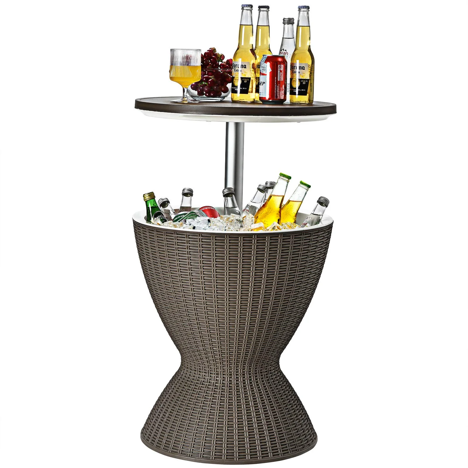 COSTWAY 3 in 1 Cool Bar, höhenverstellbarer Beistelltisch, 30L Outdoor Bier- und Weinkühler in Rattanoptik, Getränkekühler mit Abflussloch, für Terrasse, Party, Poolbereiche, Braun