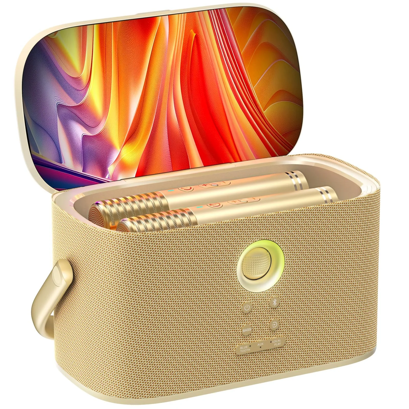 Ikarao Karaoke-Maschine für Erwachsene, mit Songtext-Display, 2 selbstaufladende drahtlose Mikrofone, Autotune & EQ, 140W Lautsprecher, Connect TV, Tragbares System für Zuhause（Shell S2 Gold）