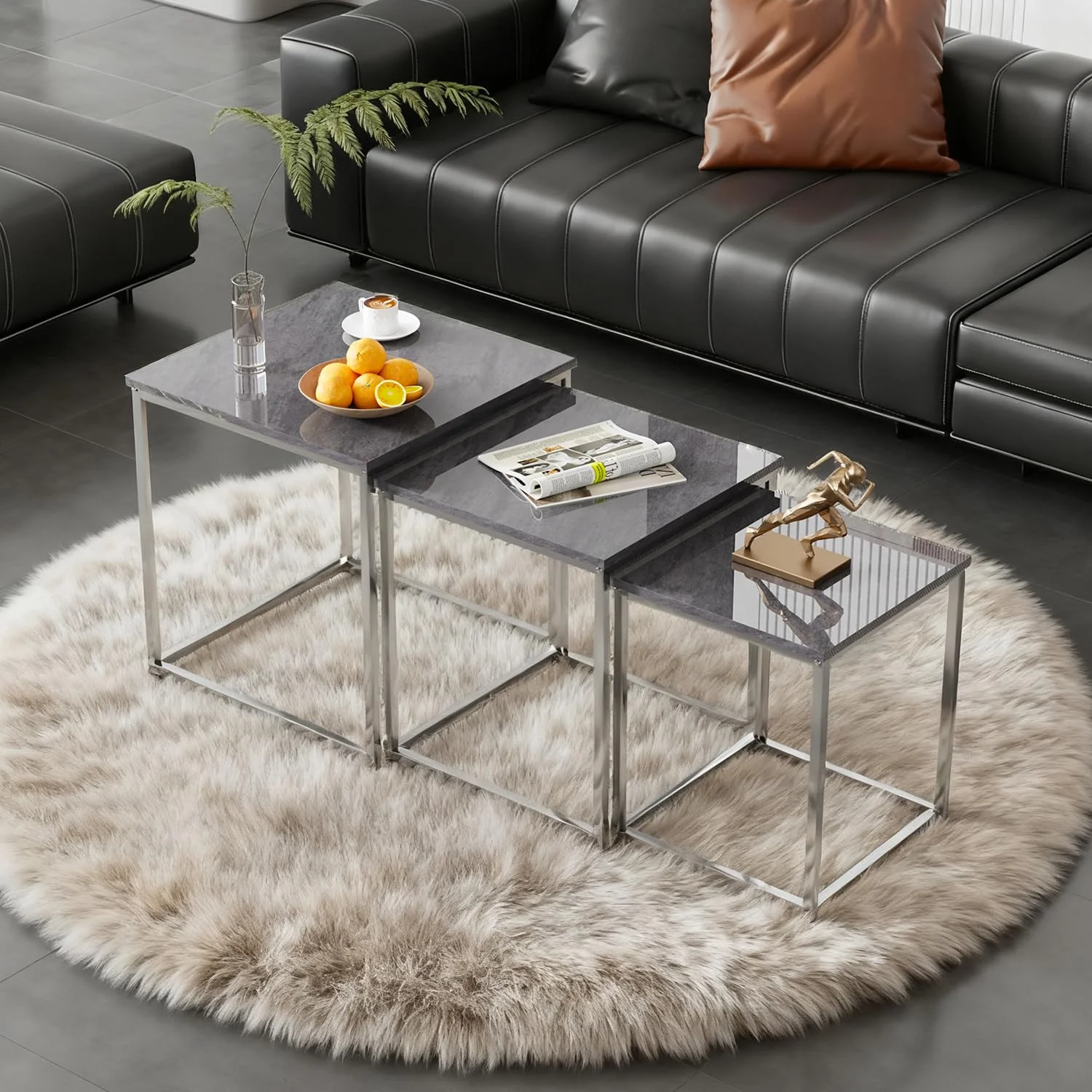 Ansley&HosHo Nest of Tables Set of 3, High Gloss Nesting Tables, Nest of 3 Nested Side Table with Chrome Frame for Living Room Reception, Stacking Coffee Table Set (Fleckig Grau)