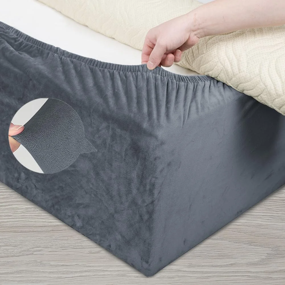 DUJUIKE Stretch Samt Boxspring Abdeckung zum Umwickeln, Alternative zum Traditionellen Volant Bettrock, Einfach Anzubringen (Grau, King Bed Width:200-210cm)