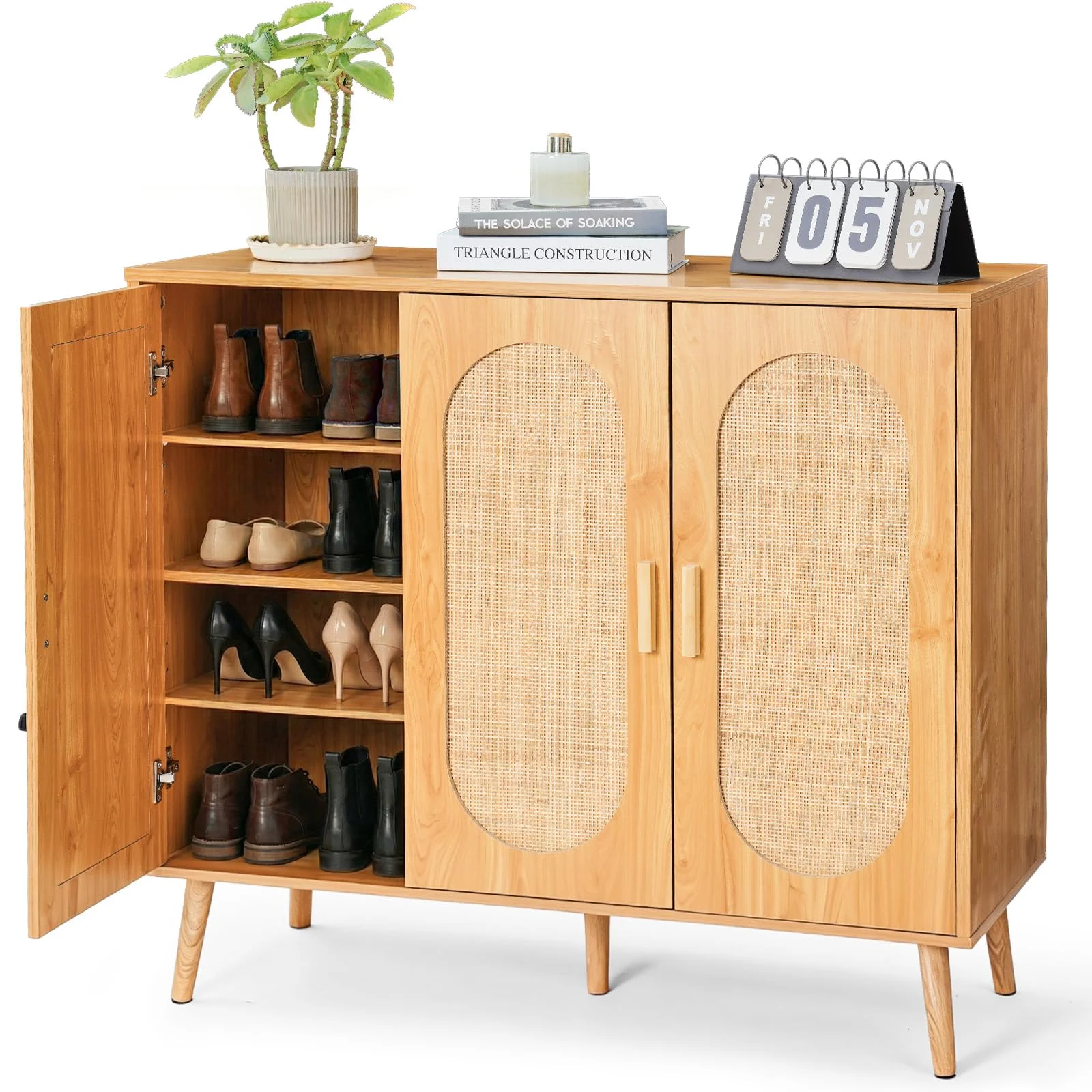HOKEEPER Schuhschrank aus Holz, Schmaler Doppeltür (87x40x100cm),Shoe Cabinet, Schuhkipper für bis zu 24 Paar Schuhe, Schuhkommode mit Metallbeinen, Braun