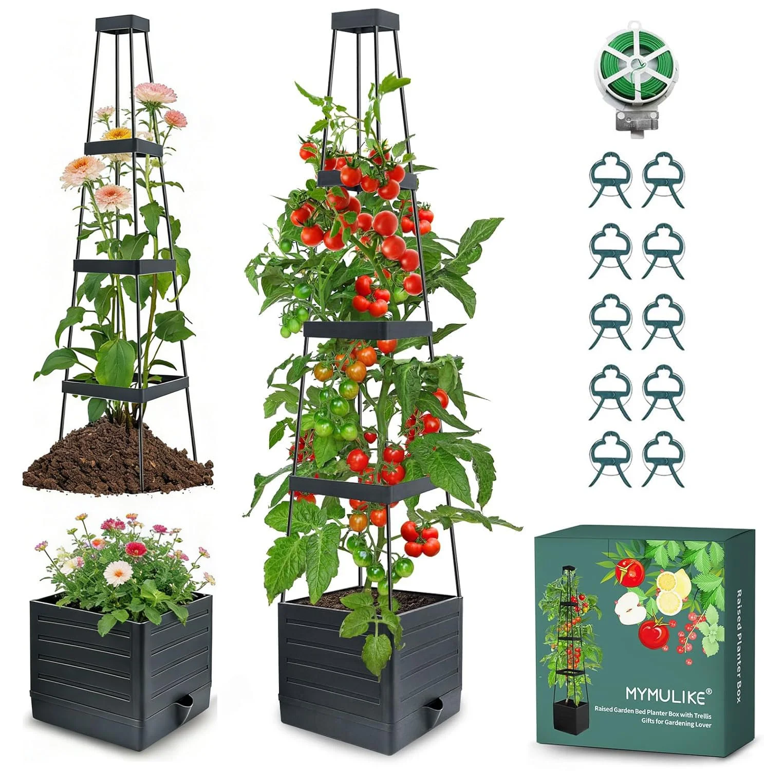 MYMULIKE 1 Stück Tomatentopf mit Rankhilfe, 145 cm Selbstbewässerung Tomaten Rankhilfe, Tomatenturm mit Wasserspeicher, Pflanzkübel Pflanzenstütze für kletternde Pflanzen/Blumen