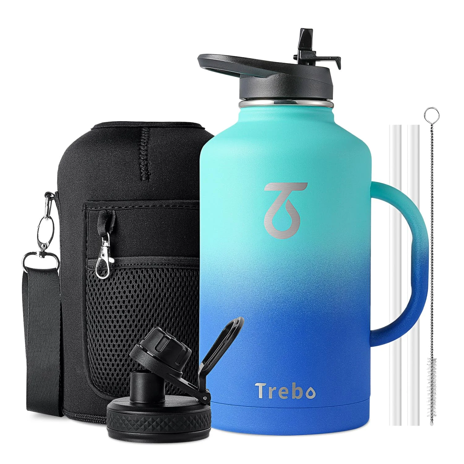 Trebo Isolierte Wasserflasche mit Griff, doppelwandig, Edelstahl, Metall, großer Krug, Reiseflasche, Thermoskanne mit Strohhalm-Auslaufdeckel, Becher mit Tragetasche, hält kalt und heiß, Blau