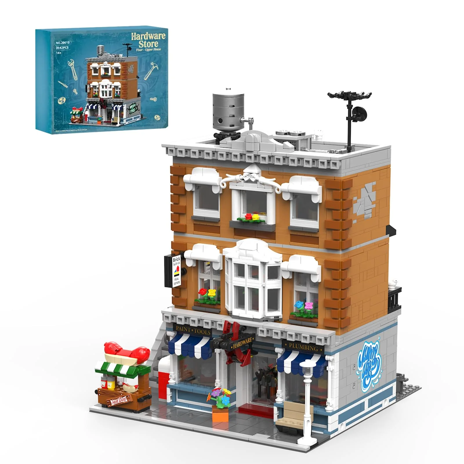MikaBrical Vintage Baumarkt Klemmbausteine Haus - 3642 Teile Dreistöckiges Stadt Gebäude mit 7 Figuren, Modular Building Straßenansicht Architektur Modell für Erwachsene