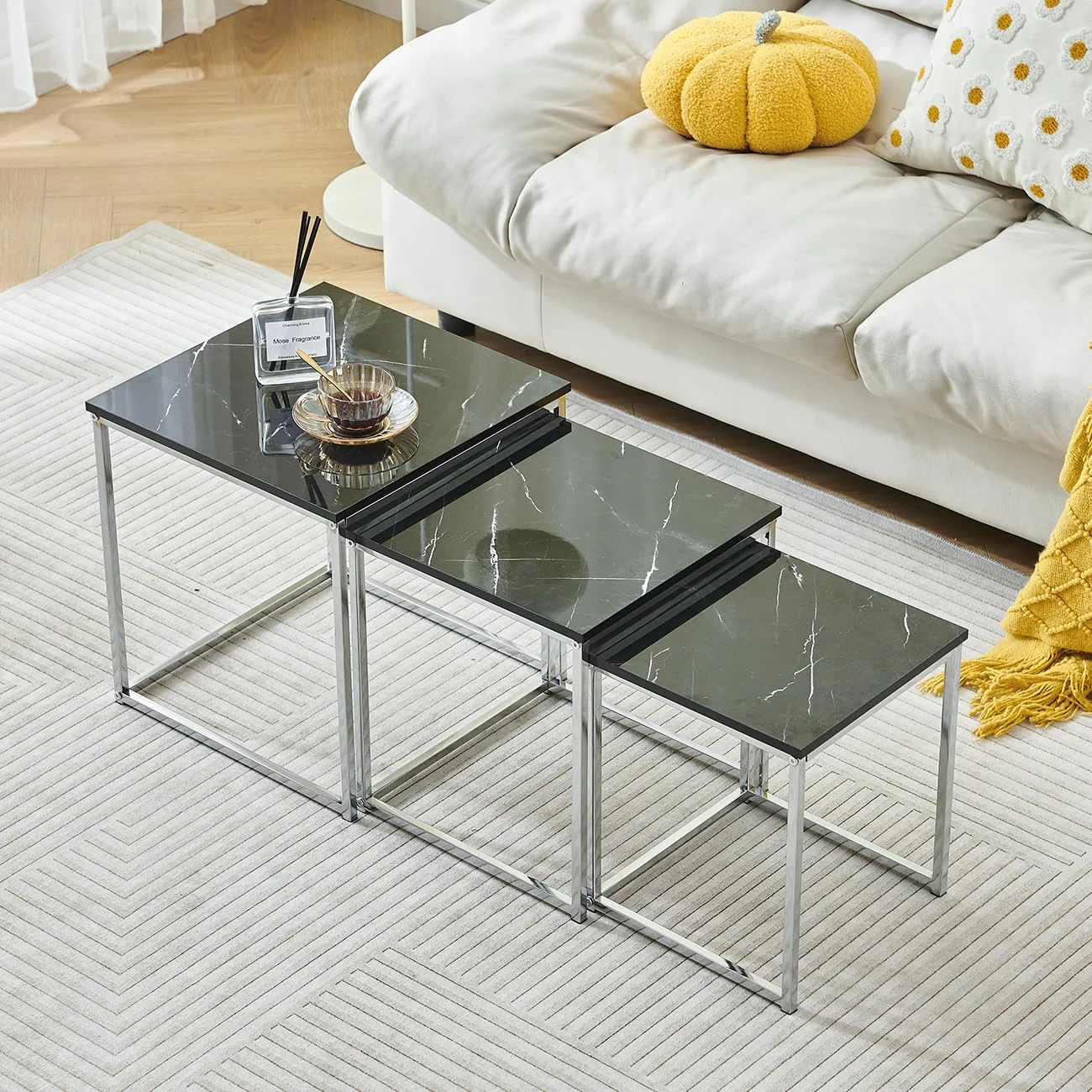 3er Set Verschachtelte Beistelltische Marmoroptik Nesting Couchtische Beistelltisch mit Metallgestell für Wohnzimmer Empfang Nachttische Stapelbar Beistelltische Lampentische (Schwarz Marmor)