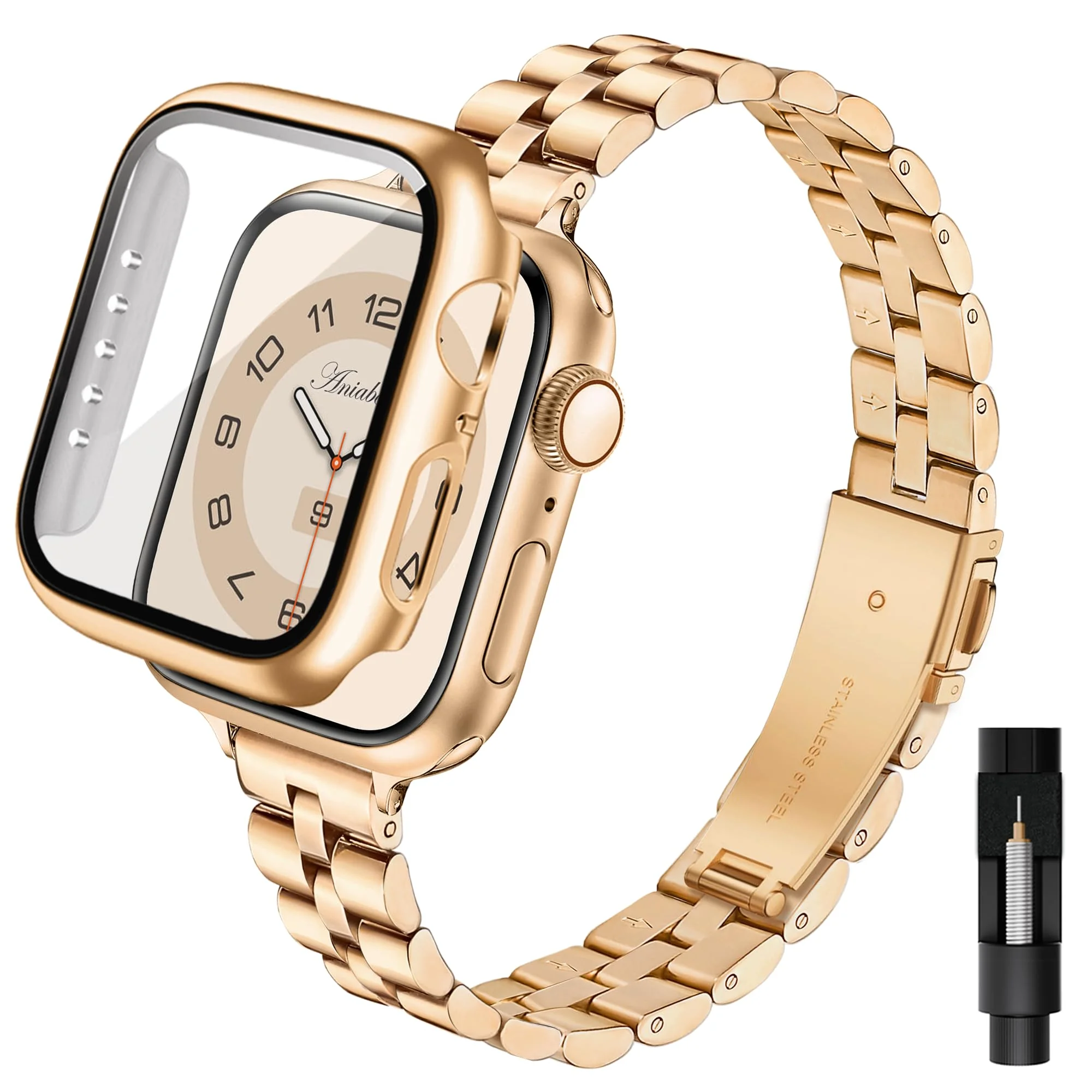 Aniaboho Kompatibel mit Apple Watch Armband 40mm mit Schutzhülle, Edelstahl Metall iWatch Armband Damen mit Hülle für Armband Apple Watch SE 3 2 1 Series 6 5 4 40mm, Schmuck für Fraue(RoséGold)