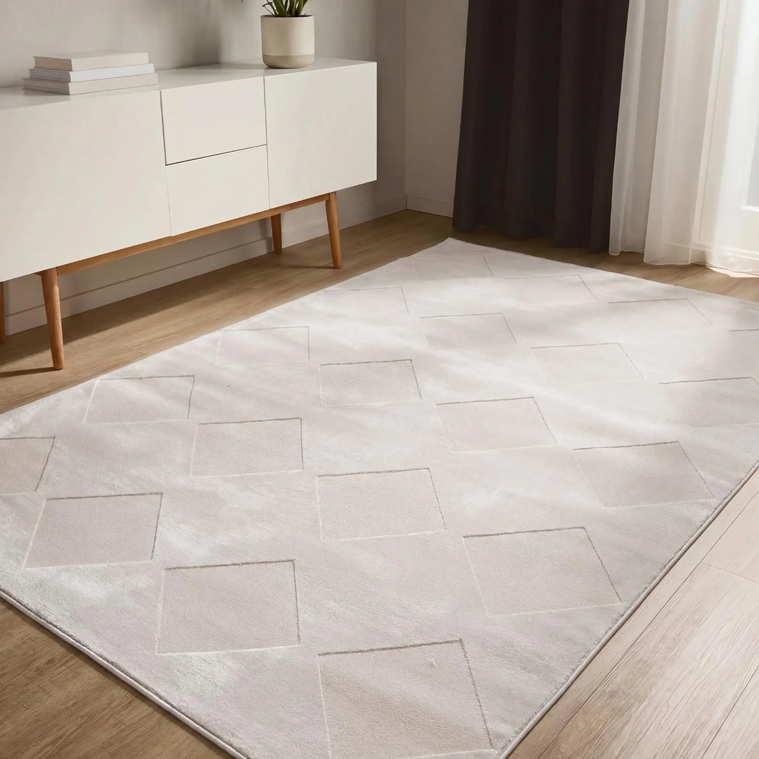 benuta Basic Teppich Claire - Creme 280x380 cm - Minimalistischer Wohnzimmerteppich im Geometrischen Retro-Stil - Pflegeleicht - Fußbodenheizung Geeignet