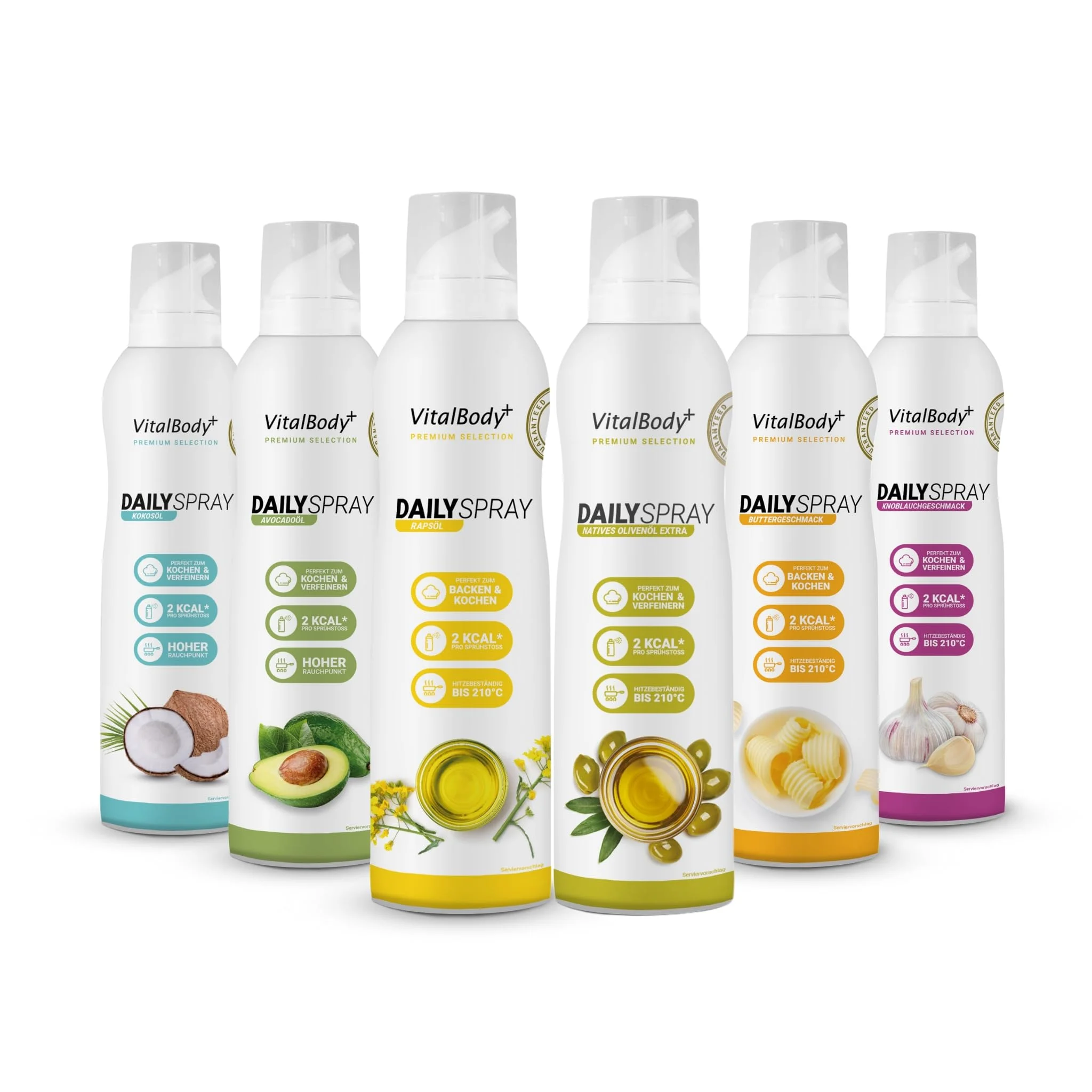 VitalBody+ DailySpray Probierpaket, 6er Pack – 2 kcal Ölspray für Airfryer, Braten & Grillen – Kalorienarm Kochen – Non-stick Cooking Spray, 4800 Portionen
