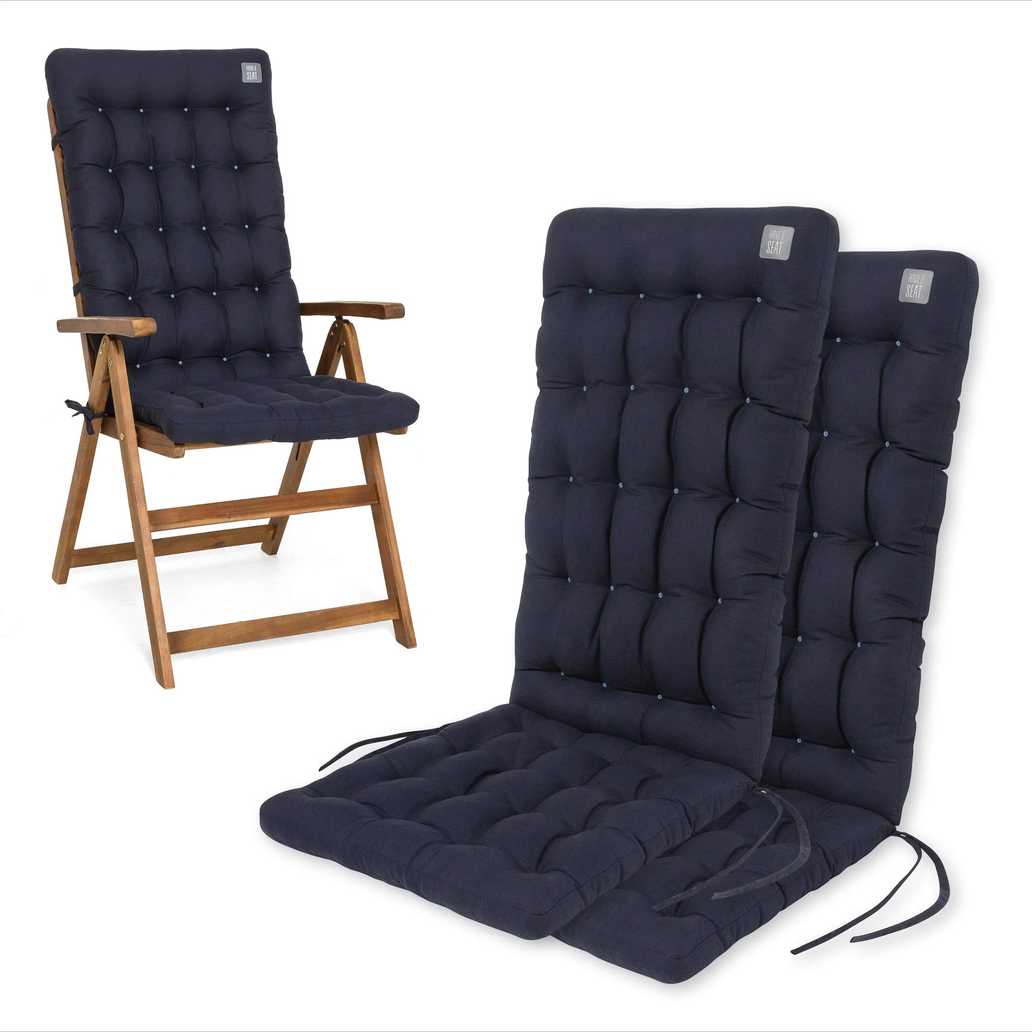 HAVE A SEAT Luxury | Gartenstuhlauflage Hochlehner (2 St.) - Bequeme Sitzauflage - orthopädisch, wetterfest, waschbar bis 95° C, Trockner geeignet - Made in Germany (2er Set - 120x48 cm, Marine-Blau)