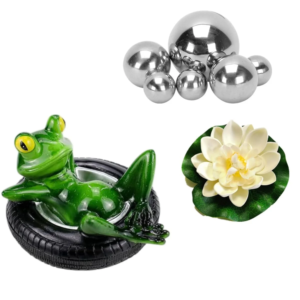 Super Idee Miniteich Deko Set Schwimmfrosch mit 6 Silber Kugeln und 2 STK Lotusblüte für Miniteich Terrassenteich Zinkwannen Solarbrunnen Garten Balkon Teiche Deko (Frosch auf Reifen)