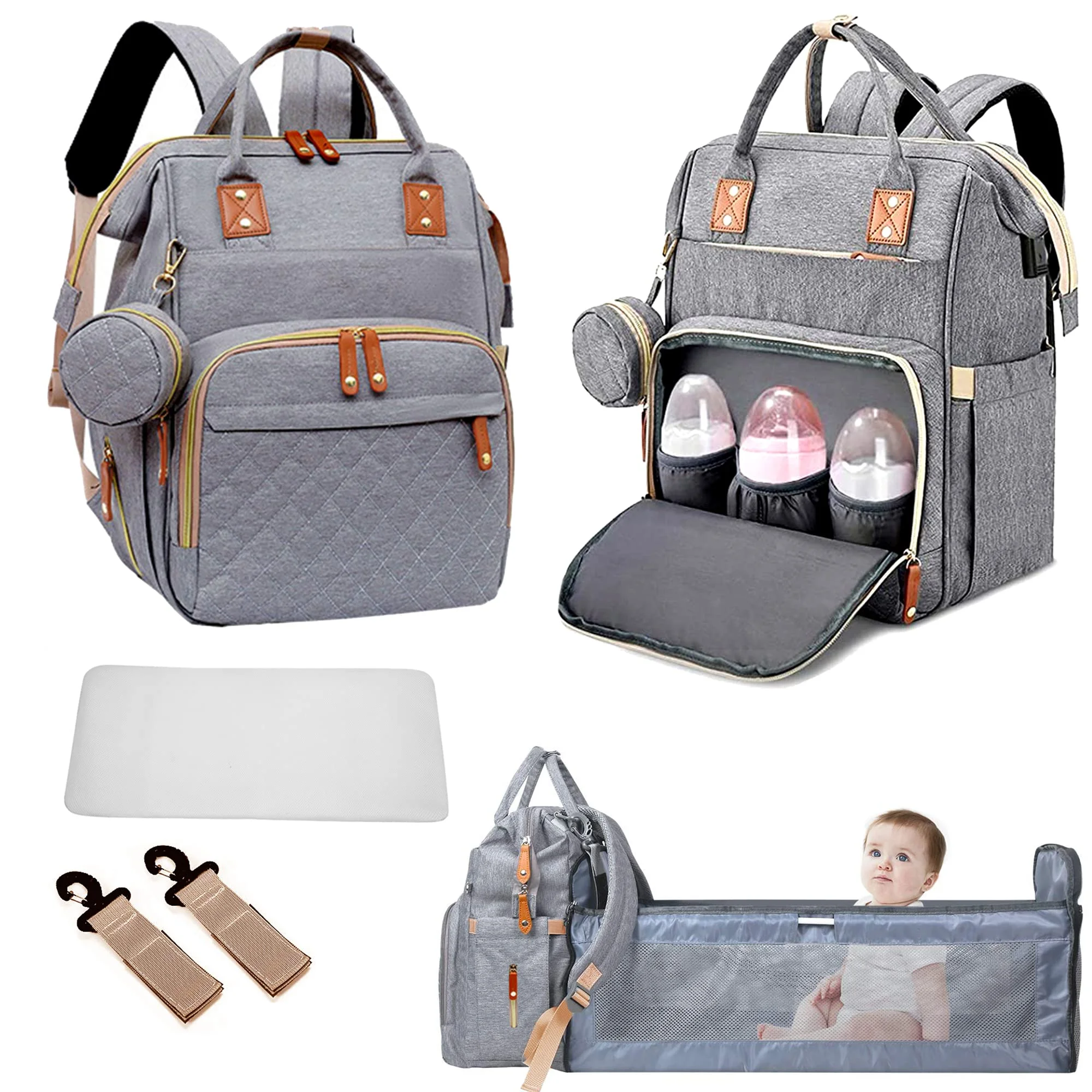 Fexkean Wickeltasche Rucksack Baby Wickelrucksäcke mit Großer Kapazität Tragbare Reisewindeltasche mit faltbarem Kinderbett mit Multifunktions Babytaschen und mobiler Wickelauflage Babybettrucksack