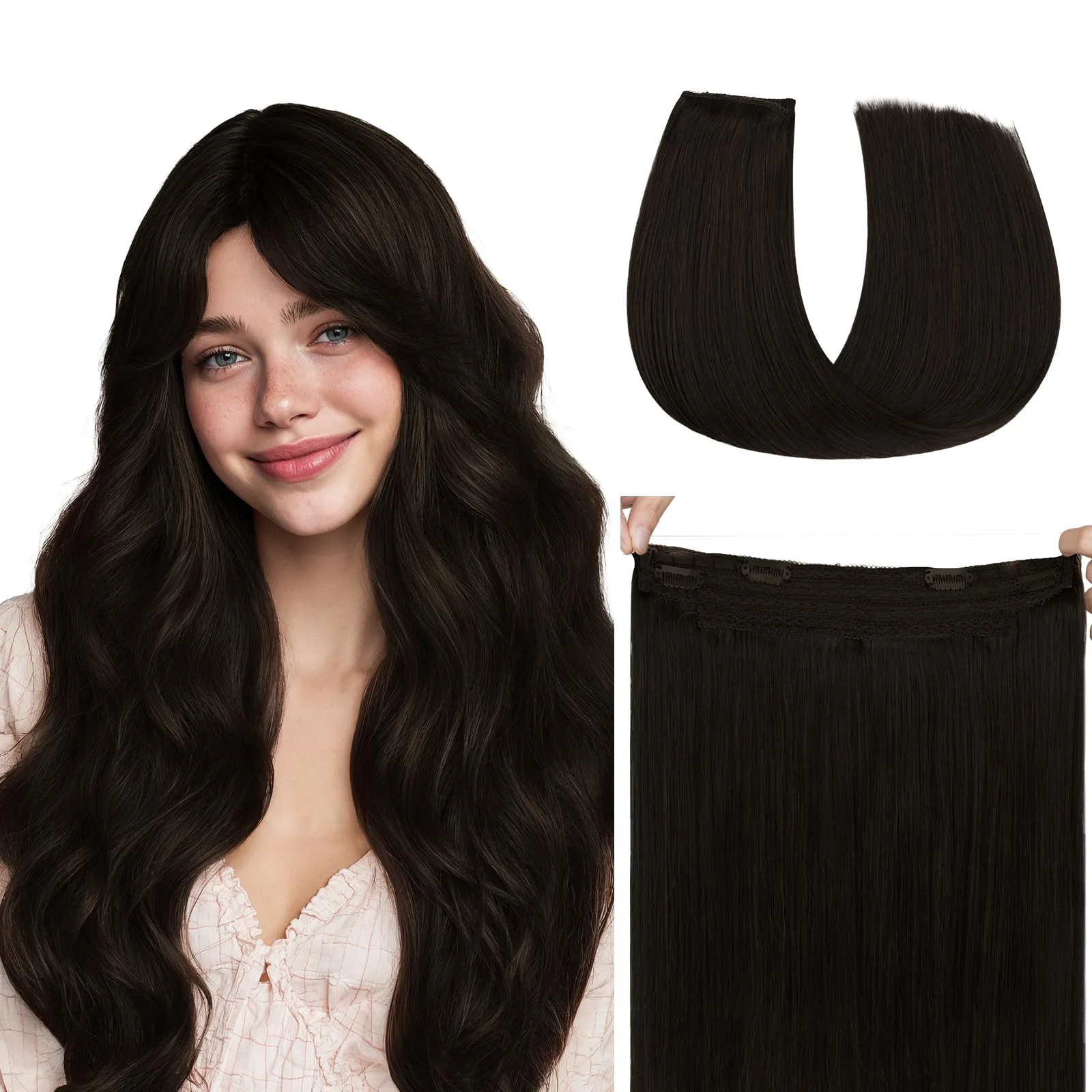 hotbanana Secret Hair Extensions Echthaar, 40cm 95g Remy Haarverlängerung mit Draht Invisible Secret Draht Extensions Echthaar Fish Line Haarverlängerungen Dunkelbraun