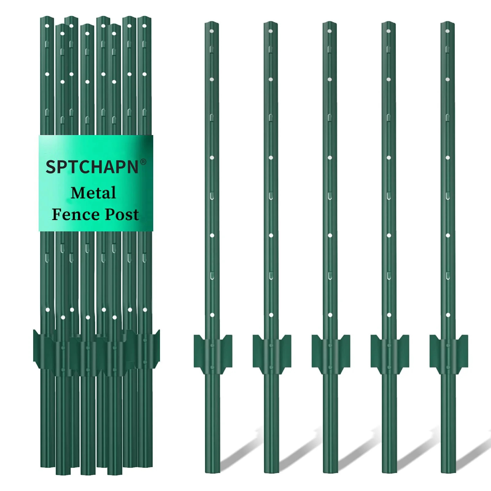 Sptchapn 148cm Robuster und langlebiger Metallzaunpfosten, 5 Stück, für Garten, Terrasse und Außenbereich, Draht-U-förmiger Zaunpfosten, grüne T-Pfosten(5)