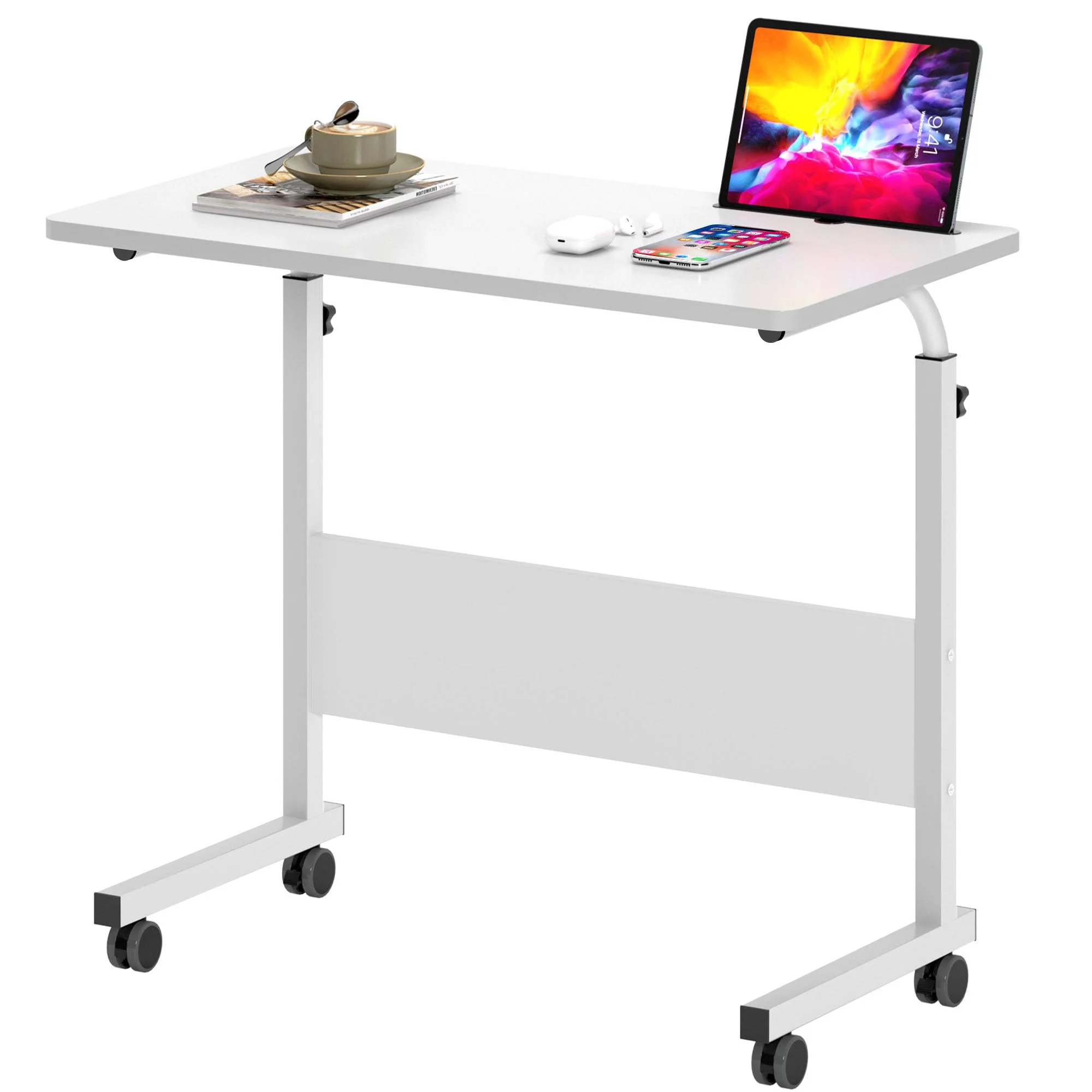sogesfurniture höhenverstellbar Laptoptisch Computertisch mit Tablet Steckplatz, 80 * 40cm PC Tisch Sofatisch Pflegetisch Beistelltisch mit Rollen, Weiß