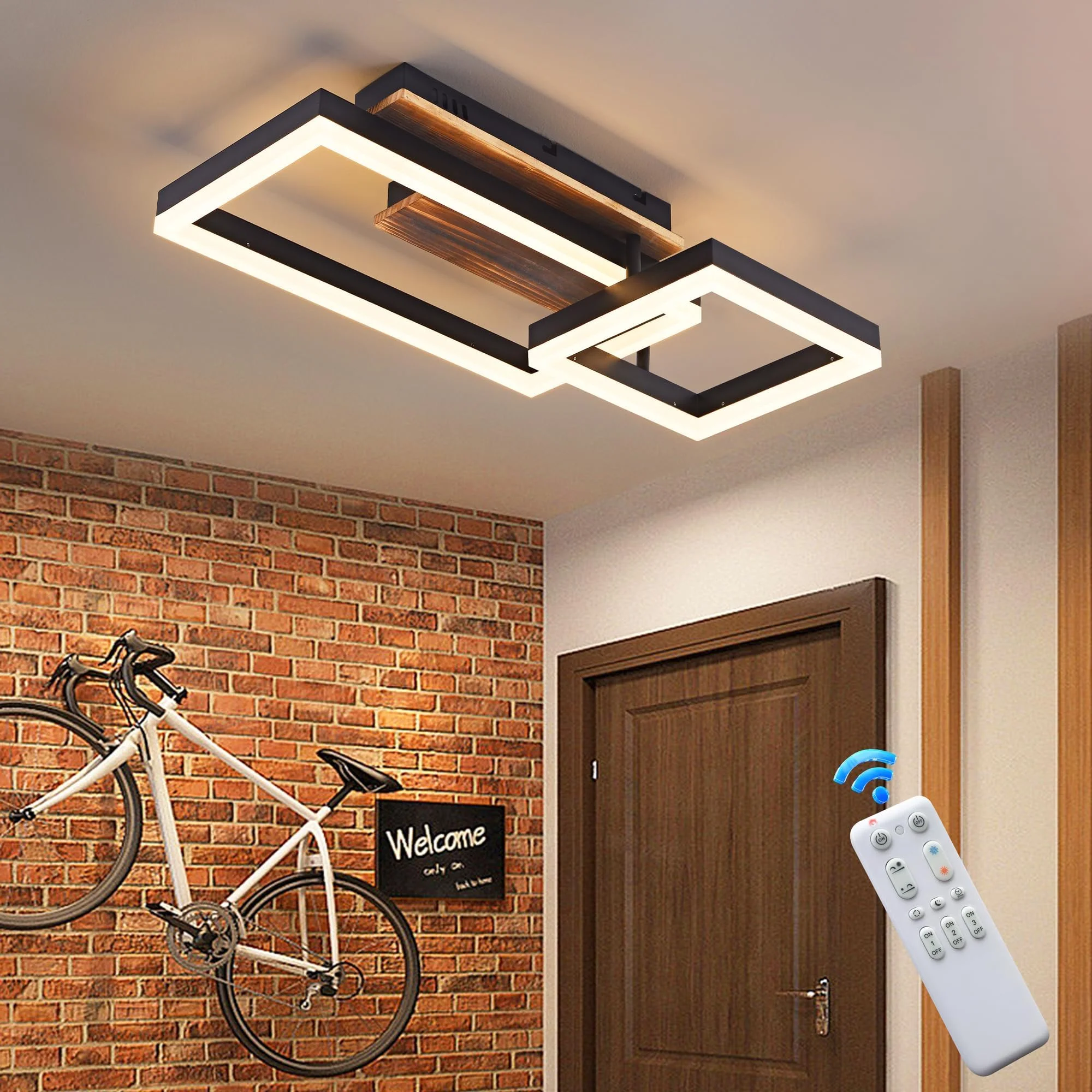 SEATAIN LED Deckenleuchte Holz dimmbar, Massivholz schwarz rechteckige eckige Vintage Deckenlampe, 35W 50cm 3500lm 3000K-6000K mit Fernbedienung, Schlafzimmerlampe, 3W Nachtlicht, Memory-Funktion