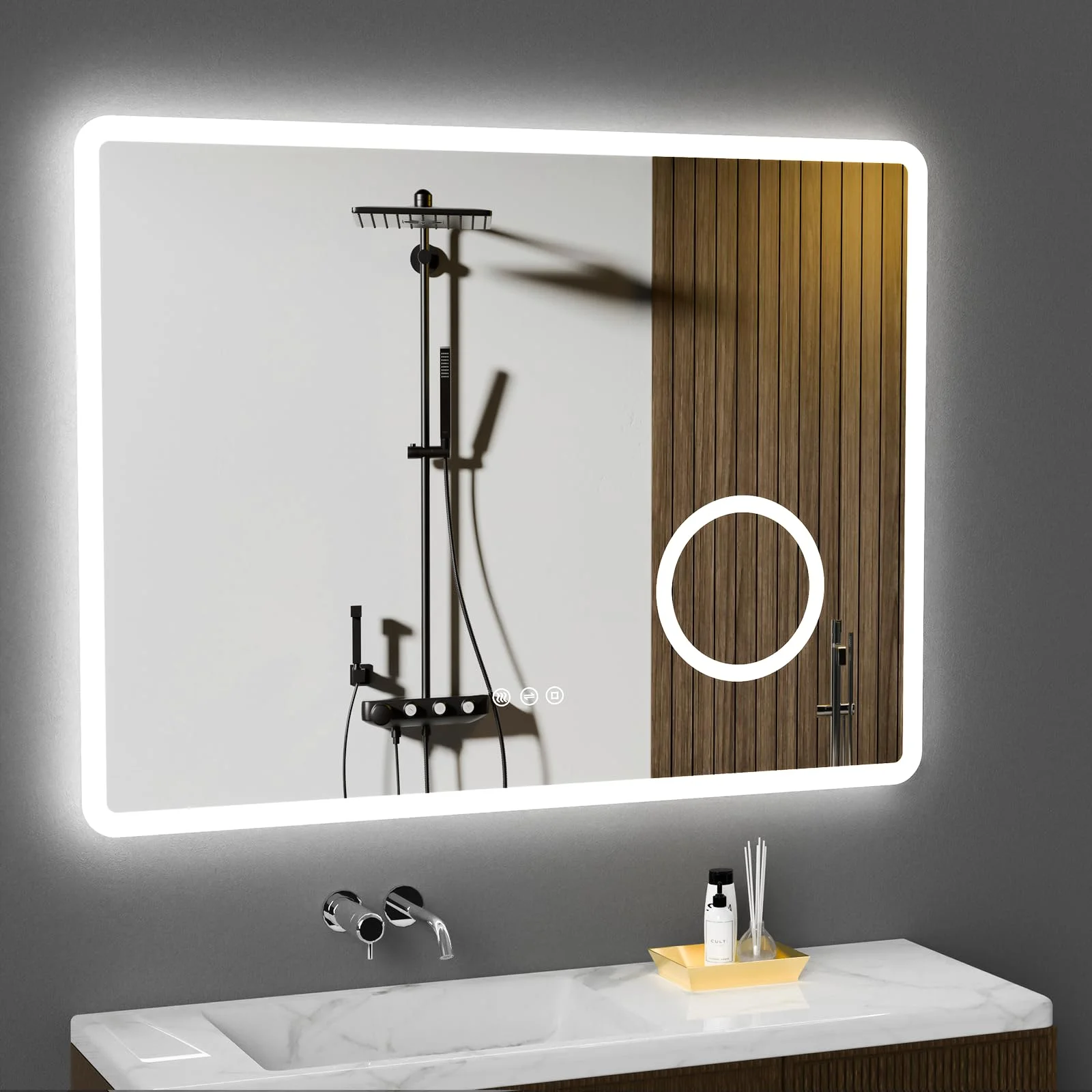 GIMBELEN Spiegel mit Beleuchtung 80 x 60 cm – 3-Fach Vergrößerung, 3 Lichtfarben,Dimmbar, Antibeschlag, Rasiersteckdose, Speicherfunktion, IP44 Wasserdicht, Horizontal/Vertikal