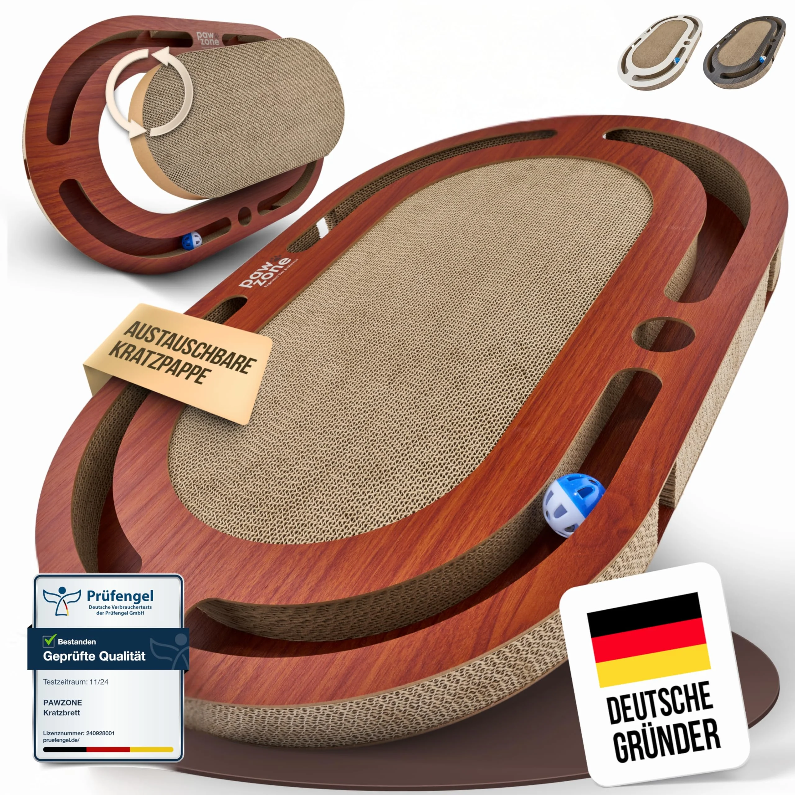 PAWZONE Kratzbrett [72x45 cm] beidseitig nutzbar + Pappe austauschbar [inkl. Katzenspielzeug] hochwertige XXL Kratzpappe in stabilem MDF - Kratzmatte Kratzmöbel Katze Cat Scratcher Katzenzubehör