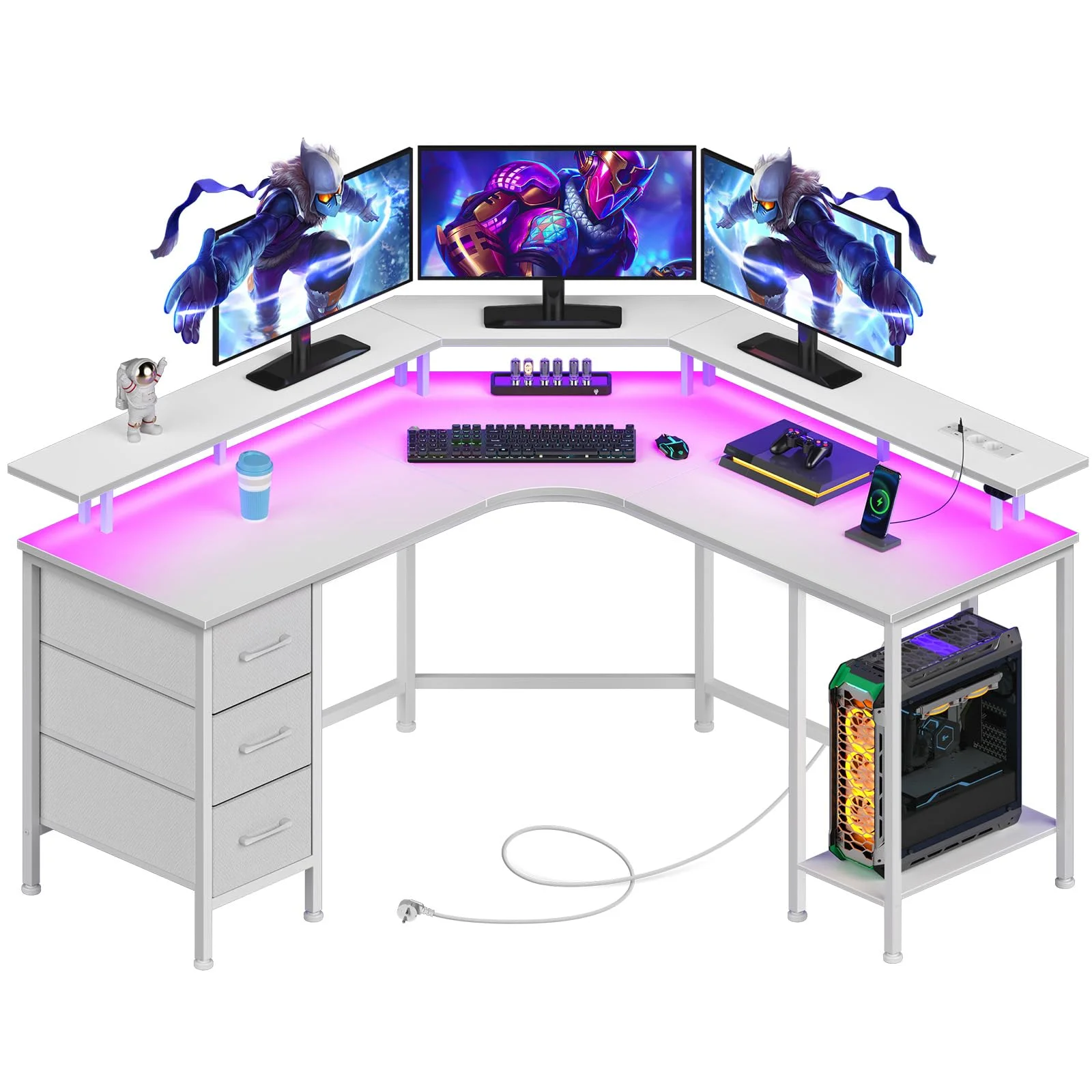 Seventable L-förmiger Gaming Schreibtisch mit LED-Beleuchtung & Steckdosen, Eckschreibtisch mit 3 Stoffschubladen & Ablage, Computertisch für Home Office & PC-Gaming,Weiß,119×119×88 cm