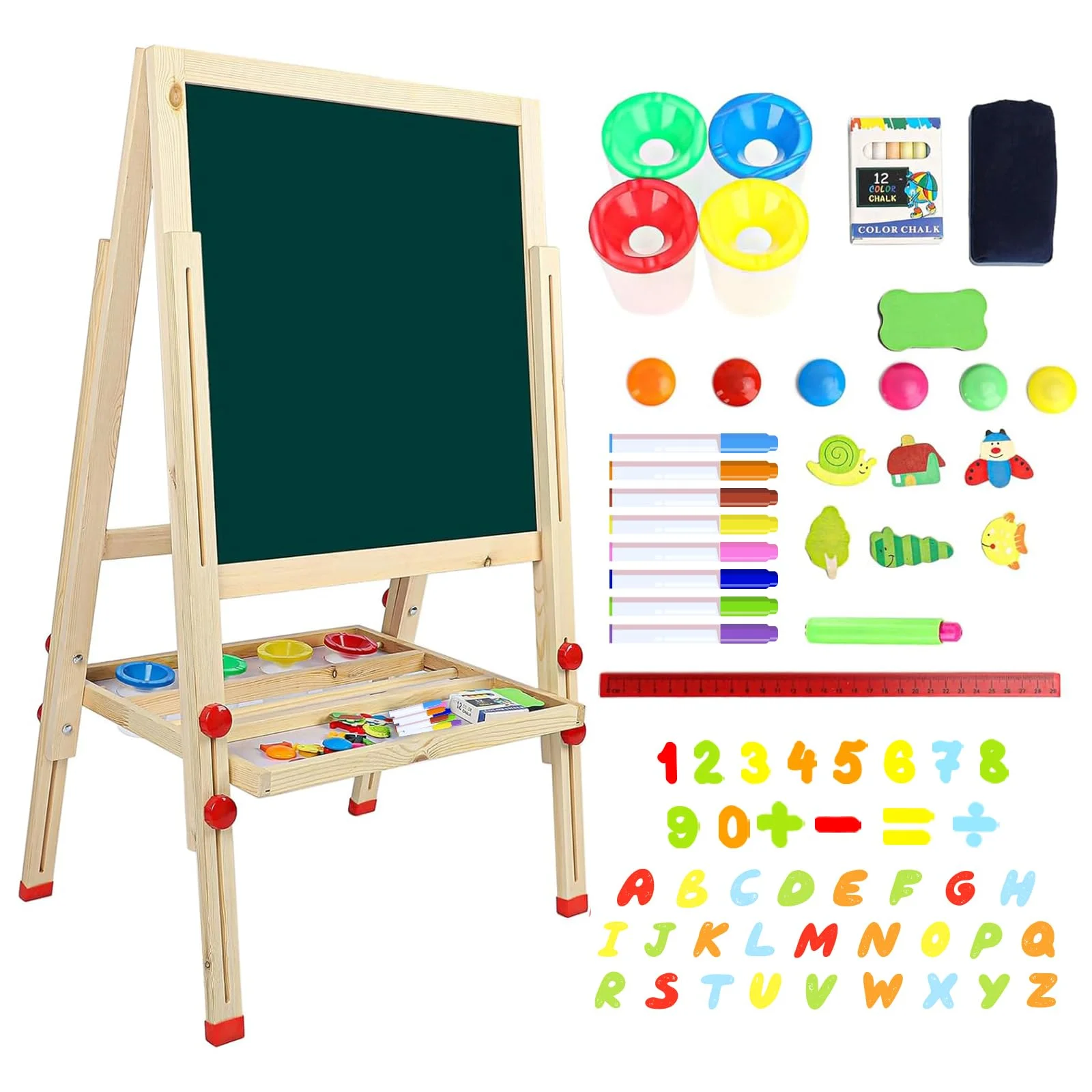 Dripex Kinder Tafel Holz Kindertafel Malerei Holztafel Doppelseitige Kreidetafel und Whiteboard Höhenverstellbar Standtafel mit 24Stk Zubehör (ab 3 Jahre)