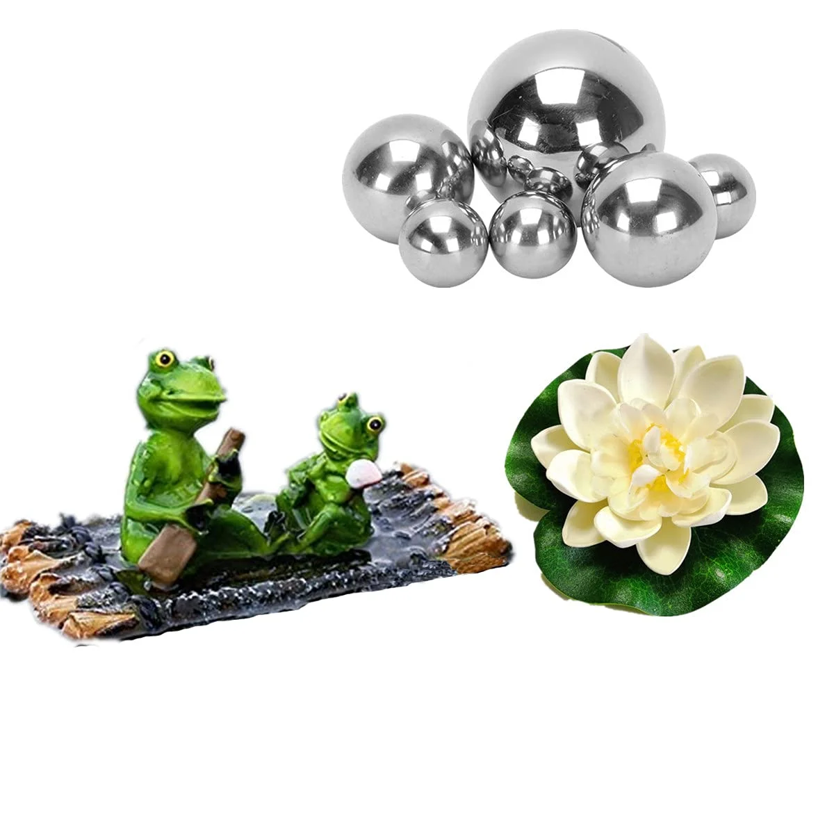 Super Idee Garten Teiche Deko Set Schwimmtier Zwei Frösche mit Silber Kugeln und 2 STK Lotusblüte als Gartendekoration für Miniteich Springbrunnen Teichbecken (Frösche auf Bambusfloß)