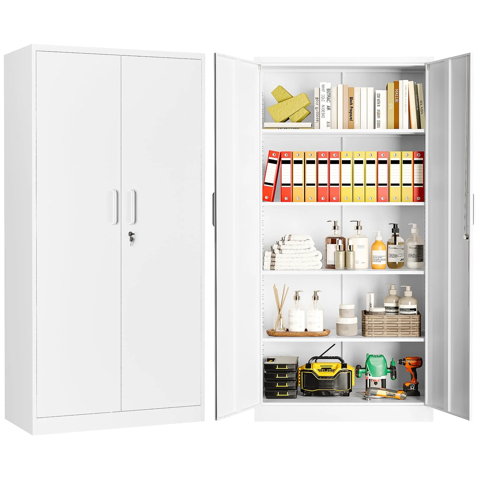 Aktenschrank Aufbewahrungsschrank mit Schloss Stahlschrank Stahlspind Mehrzweckschrank Metallschrank mit 2 Türen für Büro Haus Garage Fitnessstudio Schule 170X78X39cm Weiß