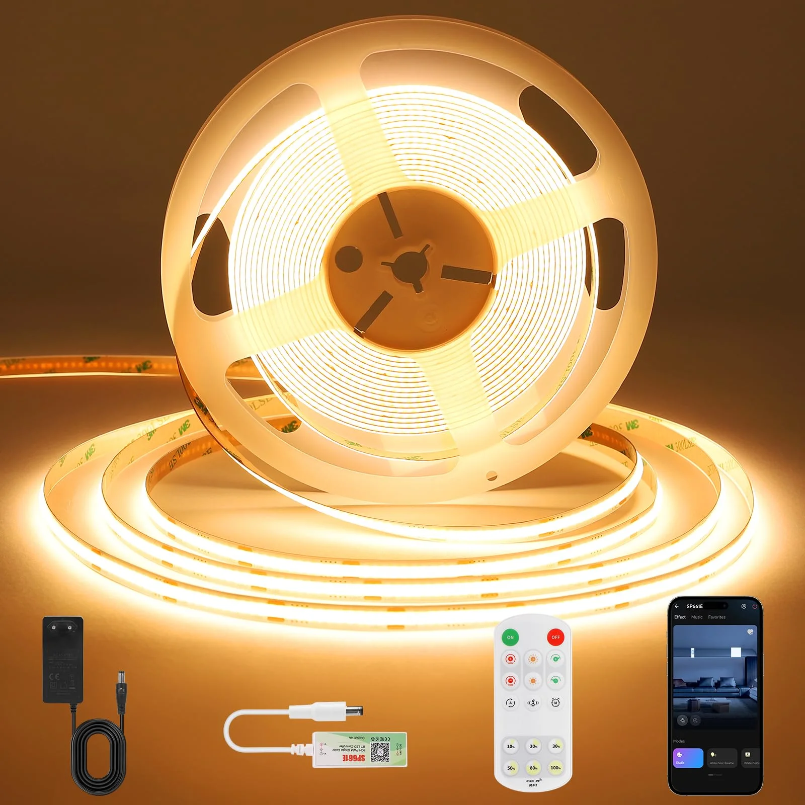 ACELUO Smart App COB LED Streifen Warmweiss, LED Streifen Dimmbar mit Timerfunktion, 8 mm Breite, LED Strip 5m für Schlafzimmer, Wand, Küche, Wohnzimmer, 3000K