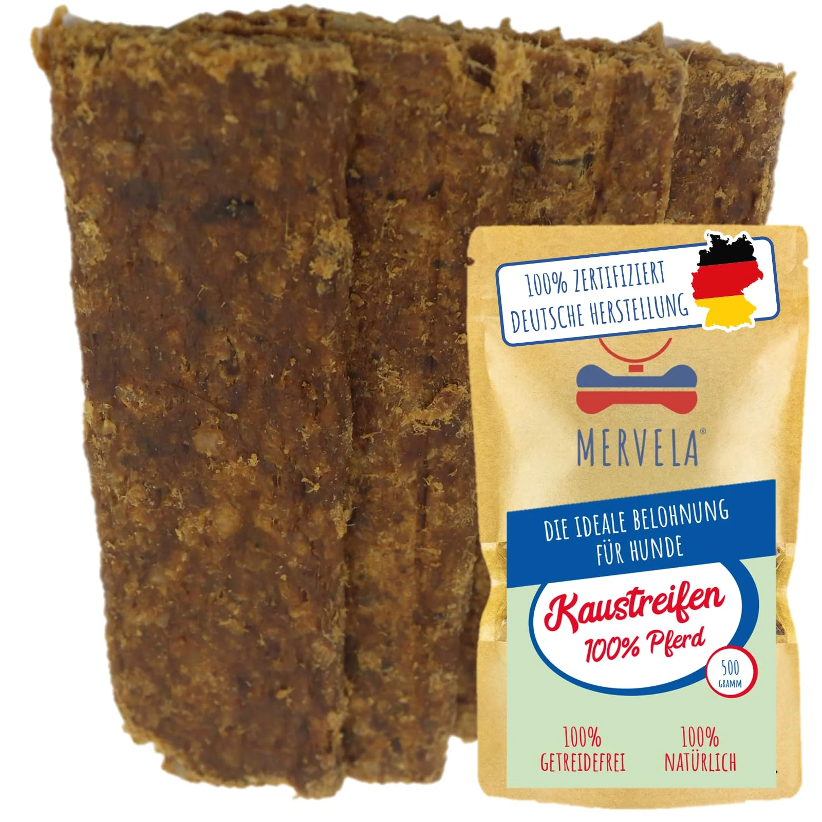MERVELA® Pferd Fleischstreifen | 500 Gramm [Qualität aus Deutschland ] für Allergiker Hunde | Belohnung | Trainingssnack | getreidefrei | Hundesnack
