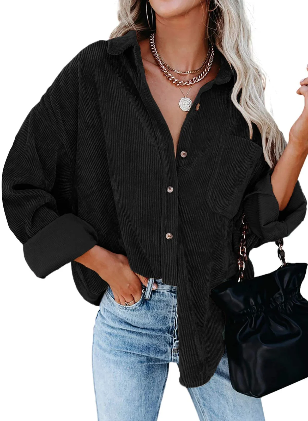 Necooer Damen Cordhemden Boyfriend Langarm Button Down Blusen Tops