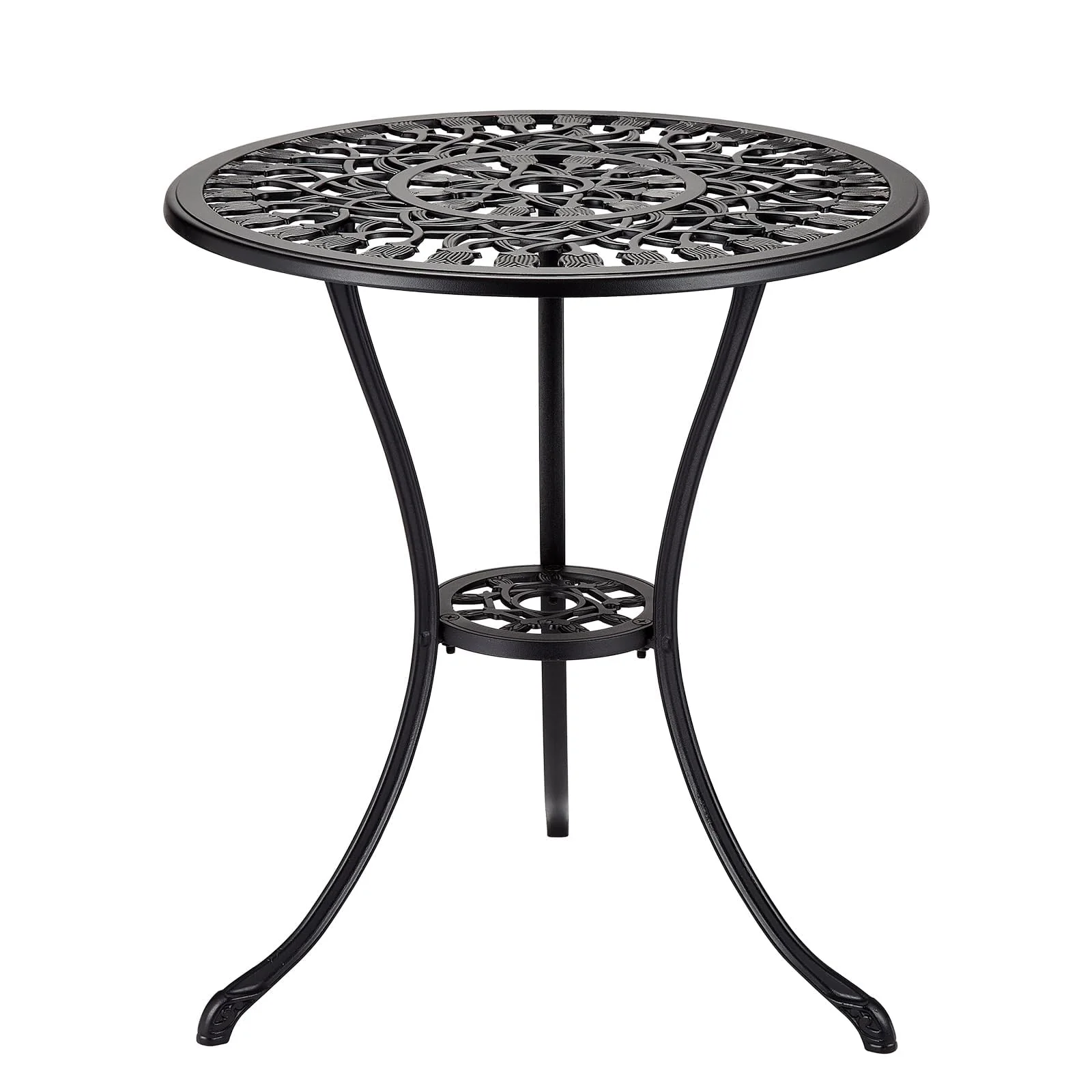 Litake Gartentisch mit Schirmloch und unterer Ablage, runder Balkontisch aus Aluminiumguss, wetterfester Terrassentisch für Garten, Balkon,Bronze,Schwarz 60 x 60 x 68 cm