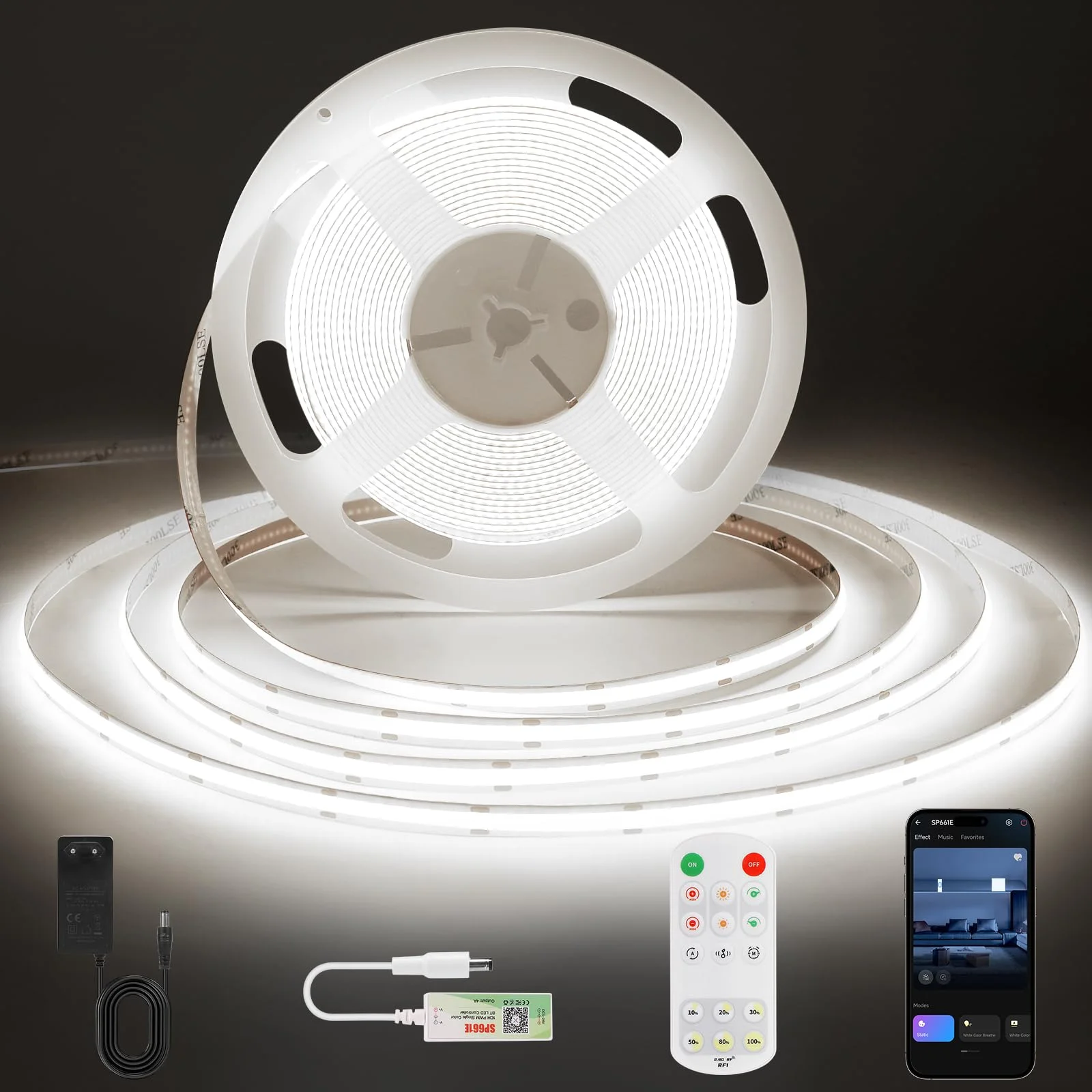 ACELUMO App Steuerung COB LED Streifen 10m, LED Strip 6000K mit Timerfunktion, Dynamischer Farb, LED Band für Wandpaneele, Küche Wohnzimmer, Kaltweiß