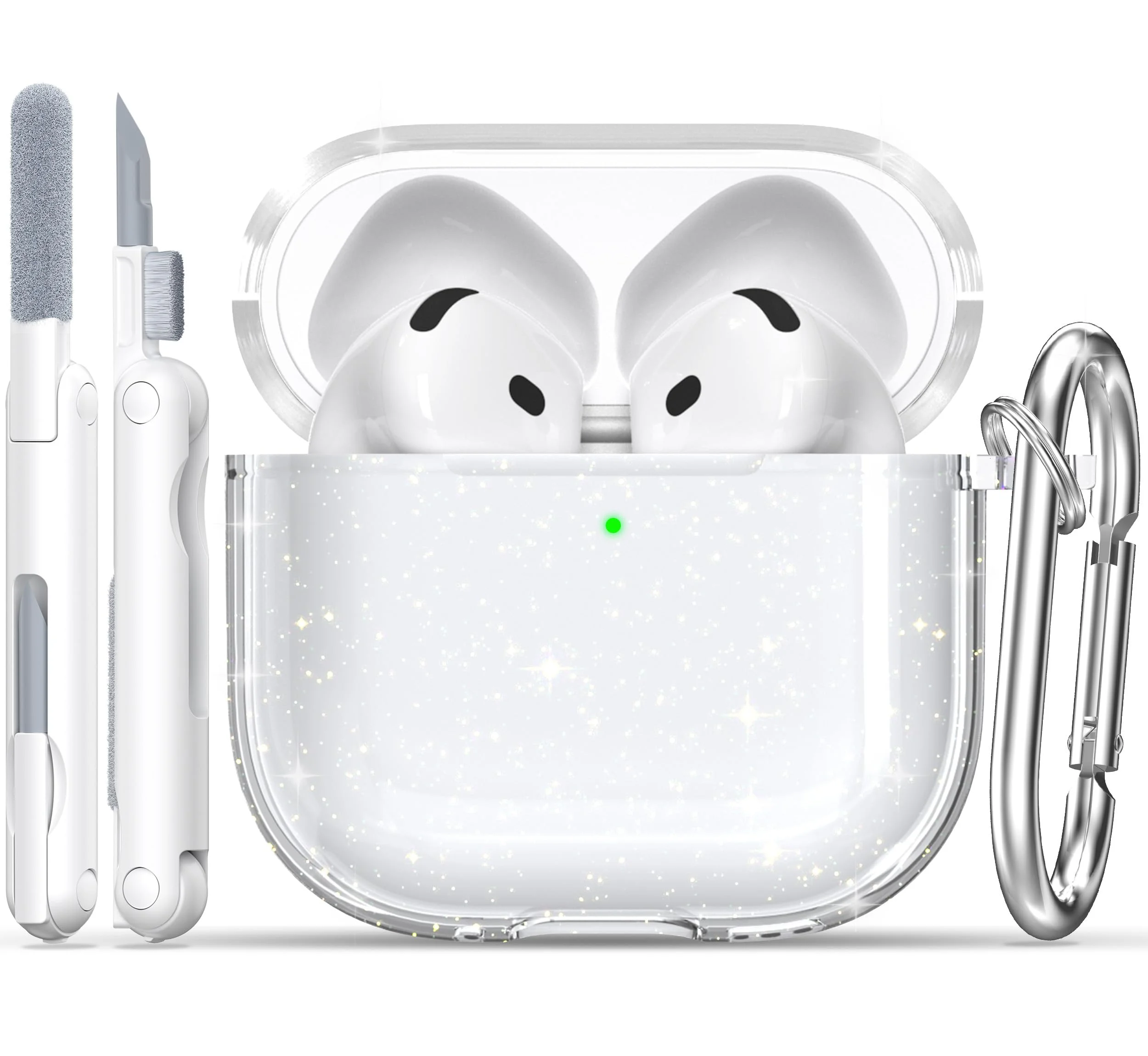 RFUNGUANGO für AirPods 4 Hülle Transparent Mit Reinigungsset, Weiche TPU, Kompatibel mit Apple AirPods 4 (2024) Hülle,Glitzerweiß