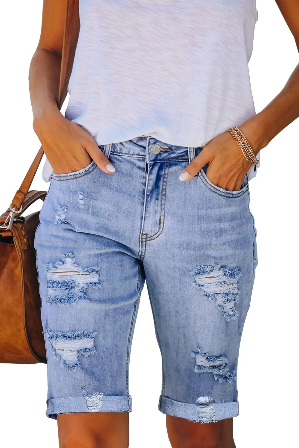 Necooer Damen Sommer Casual Denim Shorts Doppelknopf Zerrissene Jeans Aufgerollt Stretchy Hot Short(S,09-Blau)