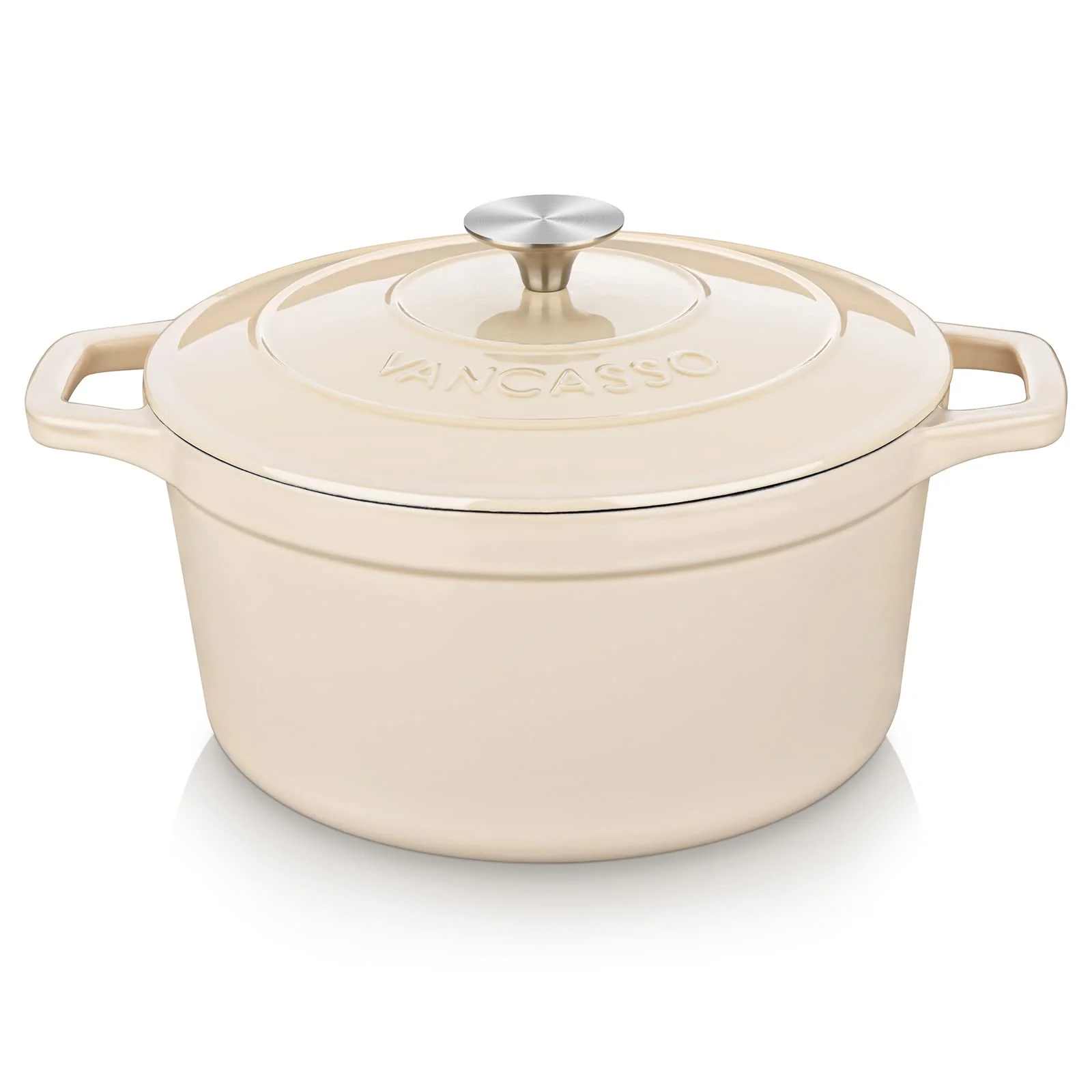 vancasso Gusseisen Bräter, Gusseisen Topf mit Deckel, 5L Ø 26cm Emaillierte Beschichtung, Induktion Schmortopf, Kasserolle, Gussbräter für Alle Herdarten und Induktion Geeignet,Rund,Creme Weiß,5L