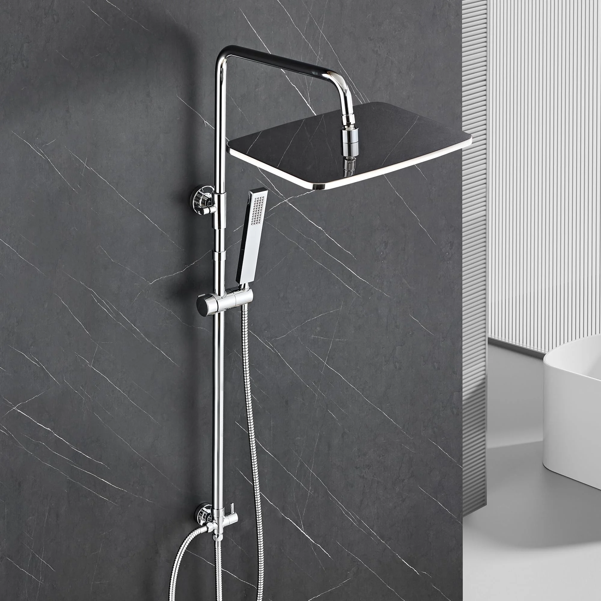Görbach Edelstahl Duschsystem ohne Armatur, Chrom Regendusche Set Wassersparend, Höhenverstellbare Duschstange 74–114 cm, XXL Kopfbrause 35x25cm