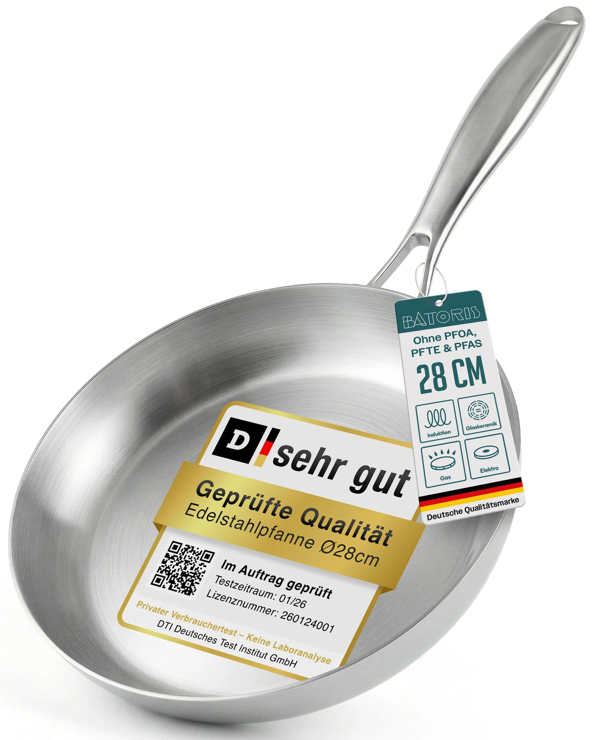 Batoris Edelstahlpfanne Unbeschichtet - Induktion - Profi Bratpfanne 28cm - Perfekt als Steakpfanne & Pastapfanne ohne Beschichtung - Brat- Universalpfanne frei von PFOA, PTFE & PFAS - Ofenfest