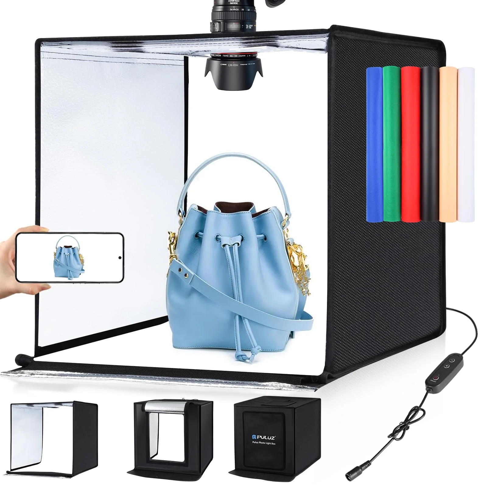 Fotobox für Produktfotografie, 60x60 cm Fotostudio Set, PULUZ Große Photobox Tragbares Faltbar Lichtzelt 5500K LED Weißes Licht Dimmbar mit 6 Hintergrund
