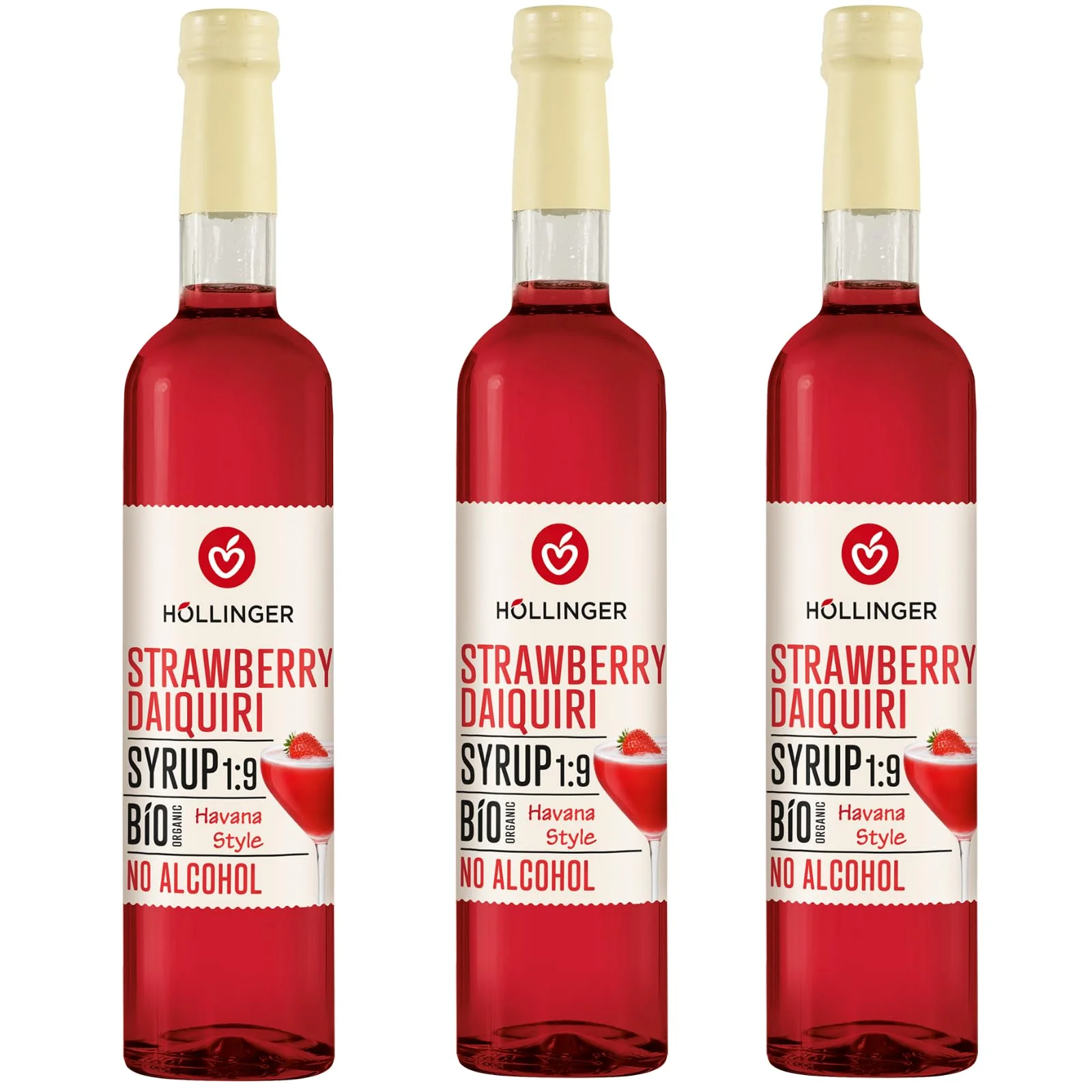 HÖLLINGER Strawberry Daiquiri Sirup, Bio Vegan Alkoholfrei, Havana Style, 3x500ml