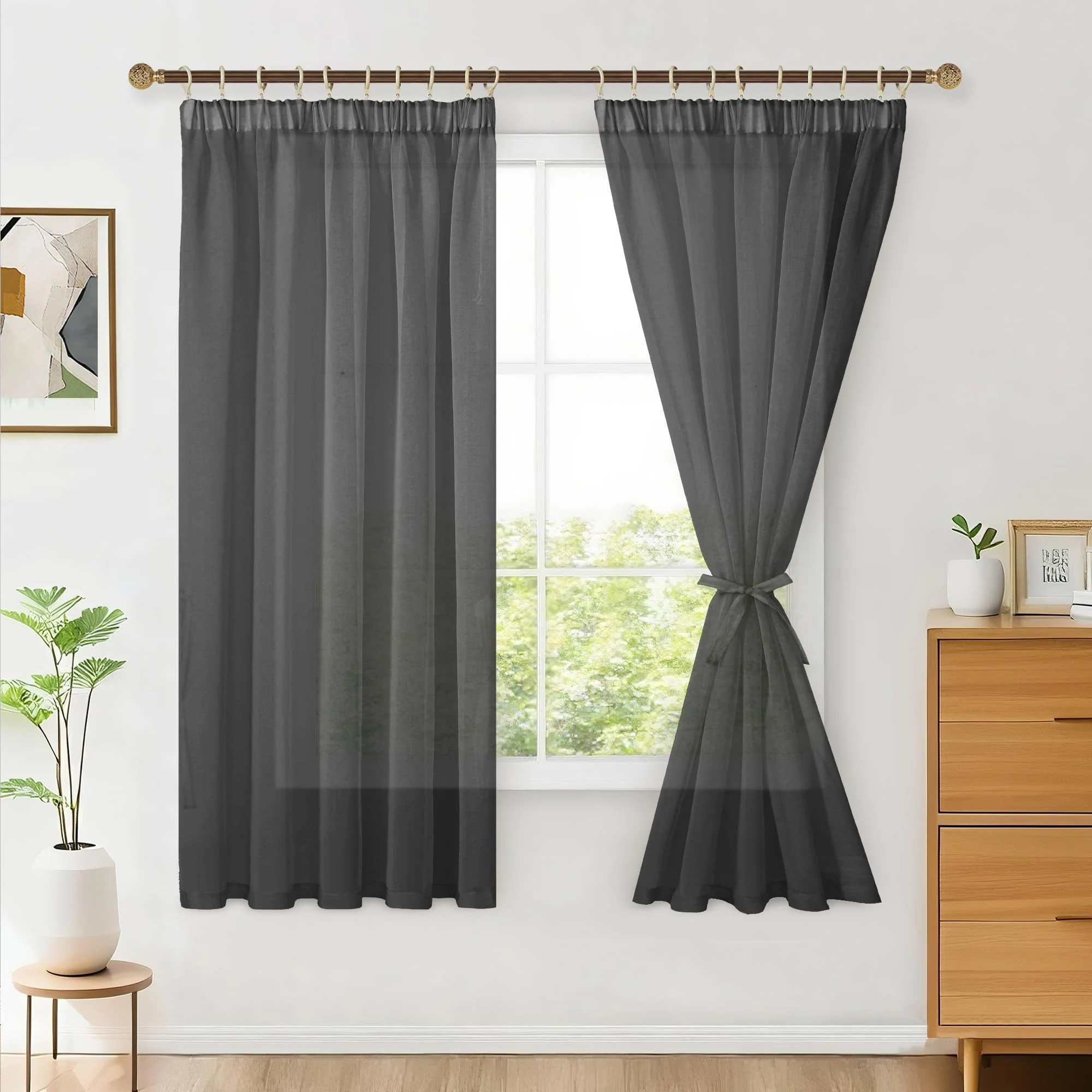 Hiasan 2er Set Sheer Voile gardinen vorhänge gardine Wohnzimmer mit Kräuselband Curtains scheibengardinen Vorhang Transparente Durchsichtig Luftig Dekoschal für Schlafzimmer 175x140cm(HxB) Schwarz