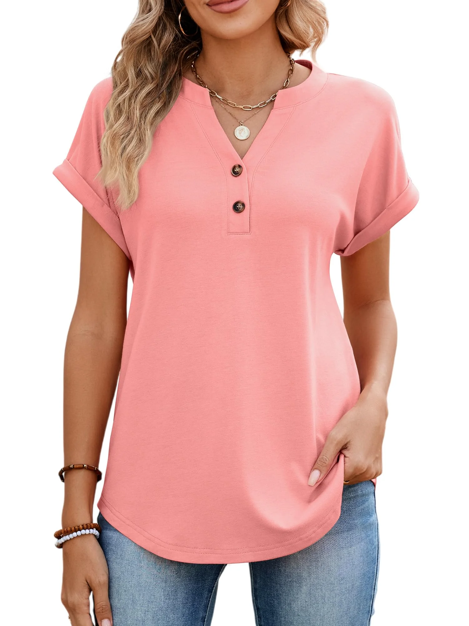 StylSense Tshirt Damen Sommer Baumwolle V Ausschnitt Bluse Kurzarm Tunika T Shirt Damen Elegant Oversize Oberteile Basic Tops mit Knöpfen