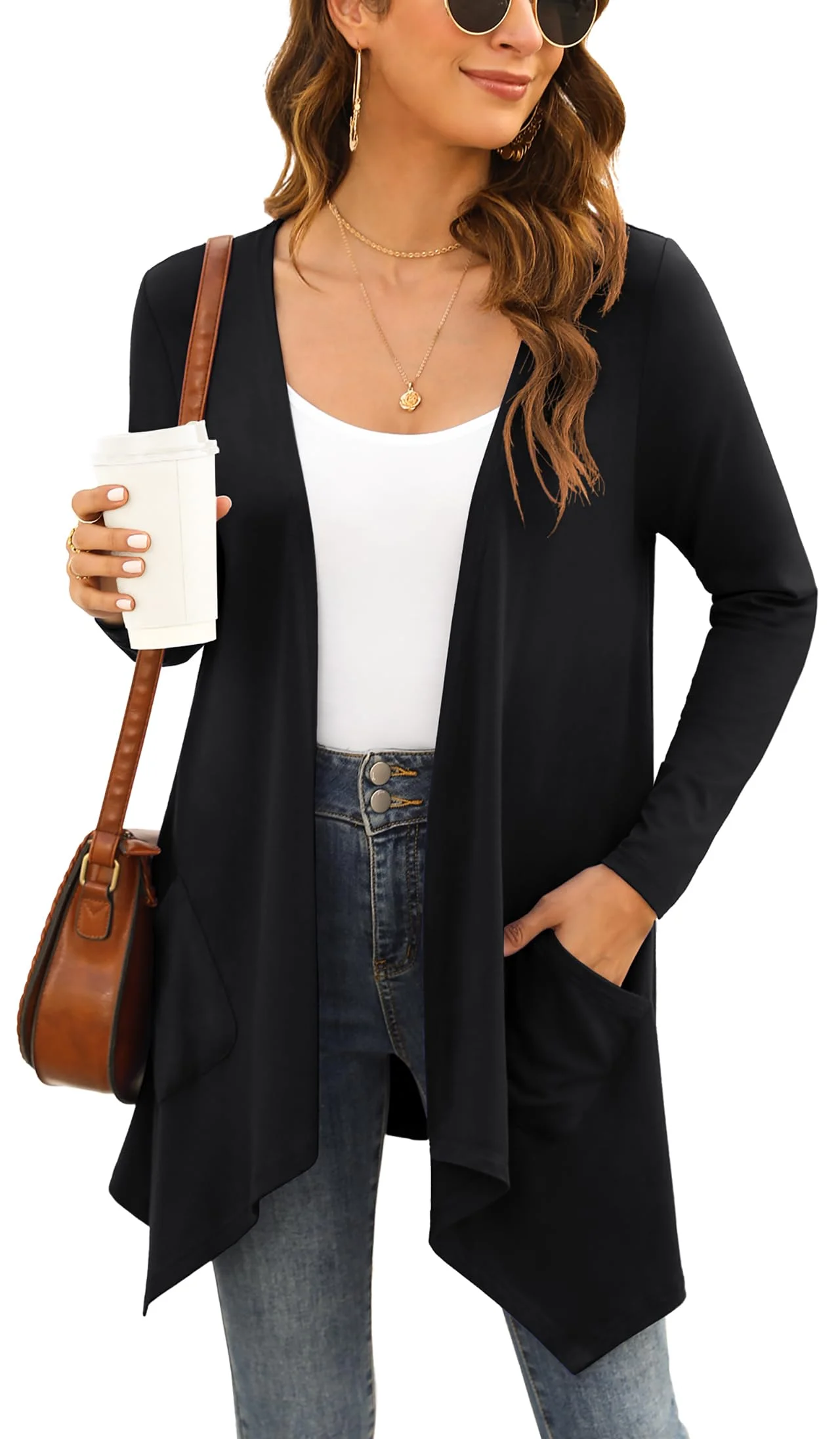 Yommay Damen Sommer Kurzarm-Lang Strickjacken für Damen Elegante lässige leichte Strickjacke mit Tasche High Low Saum
