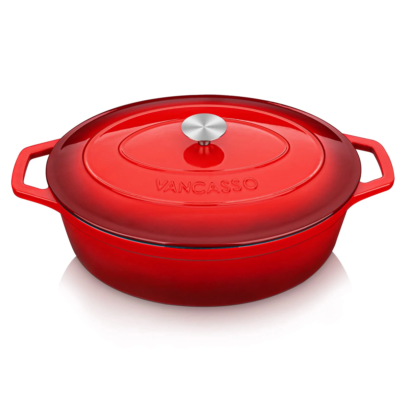 vancasso Gusseisen Topf Brot Backen, Bräter Oval mit Deckel, 8L Ø 37cm Antihaft Emaille Topf Induktion Schmortopf, Großer Kasserolle, Gussbräter für Gasherd/Cerankochfeld/induktions/Ofen, ROT