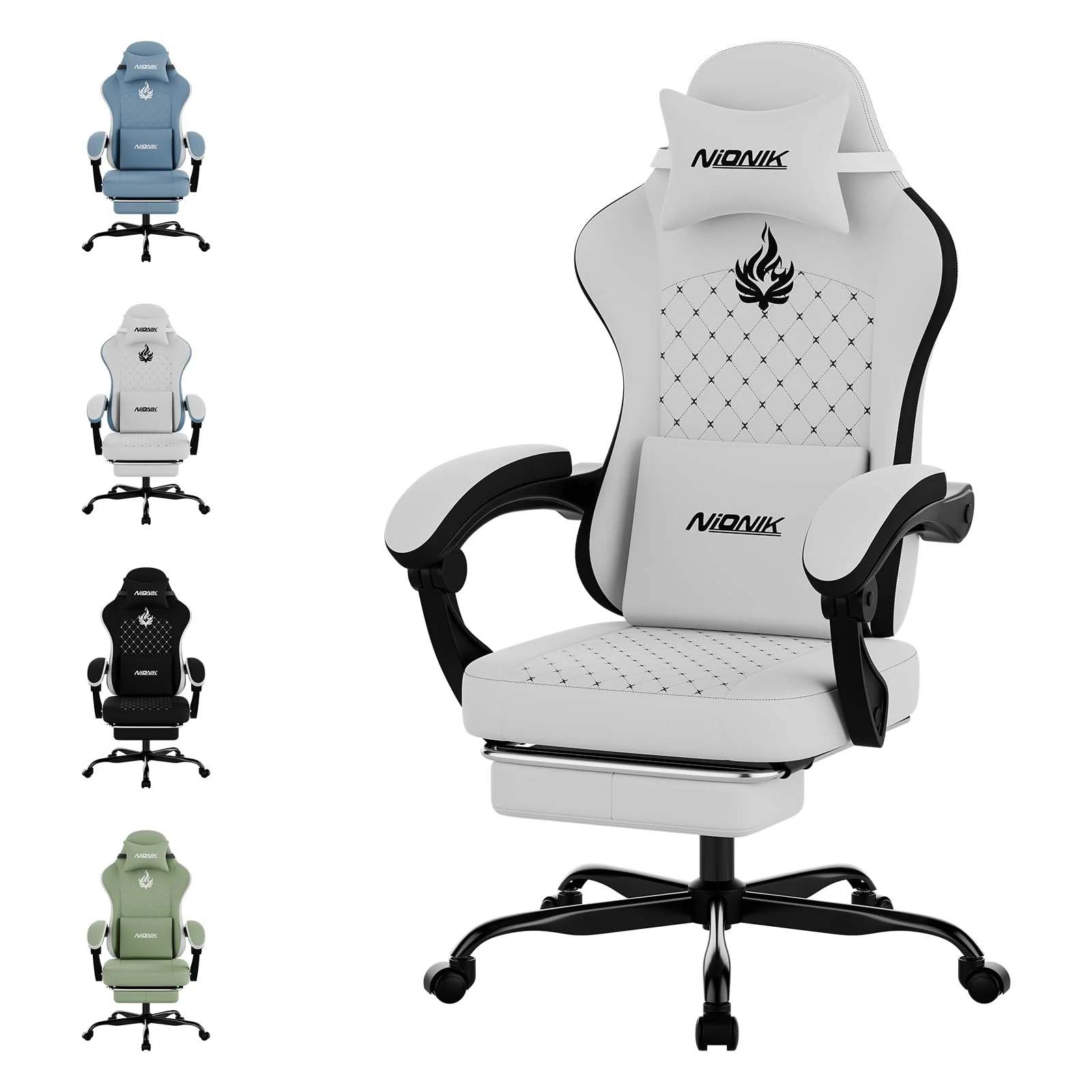 NIONIK Gaming Stuhl, Ergonomischer Bürostuhl mit Fußstütze & Lordosenstütze, Höhenverstellbarer Schreibtischstuhl für Erwachsene, PC Gaming Stuhl für E-Sports, E-Sport, Streaming und Homeoffice