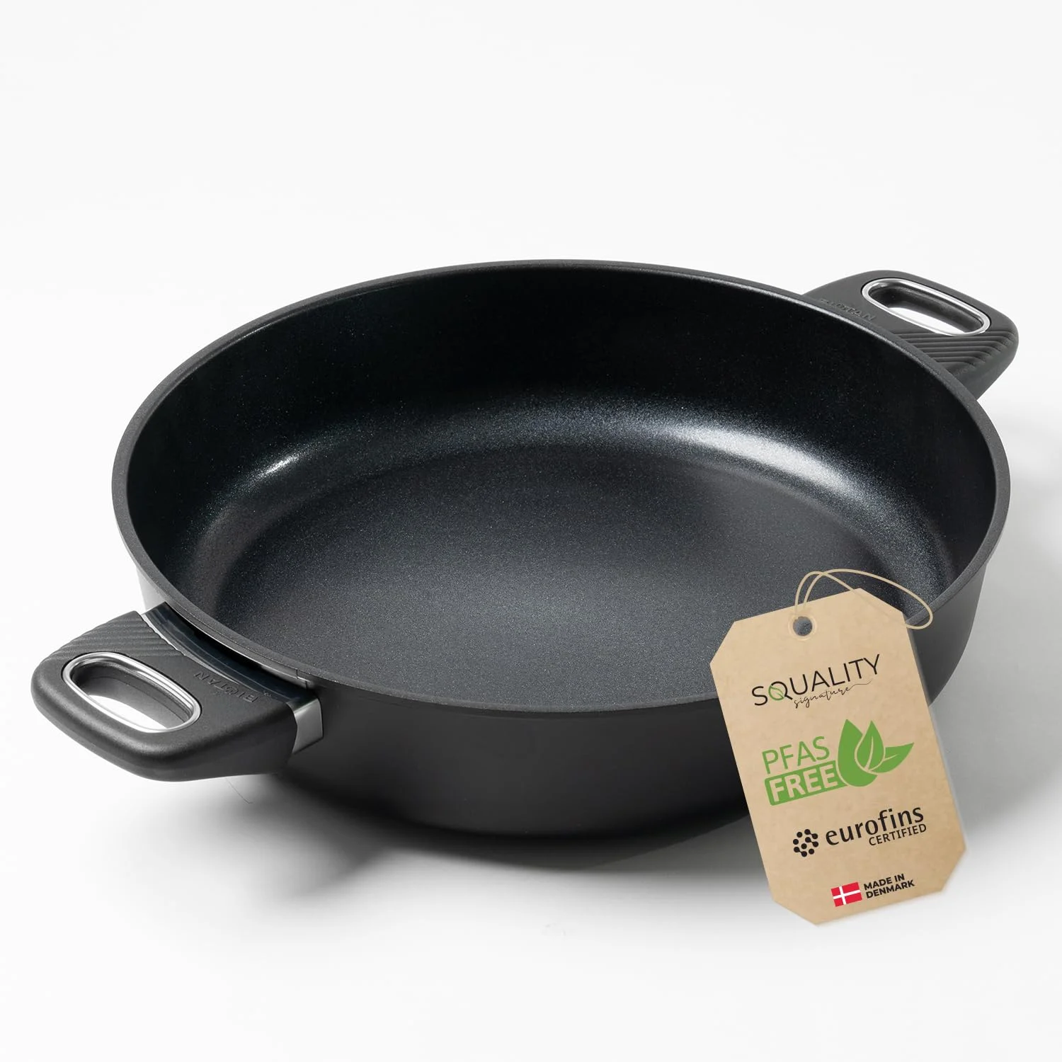 Squality Premium Sauteuse Pfanne 32 cm Doppelgriff – PFAS-freie Antihaft Pfanne aus Dänemark | Ofenfest bis 260 °C, induktionsgeeignet, ergonomisch geformt, für gesundes Kochen ohne Schadstoffe