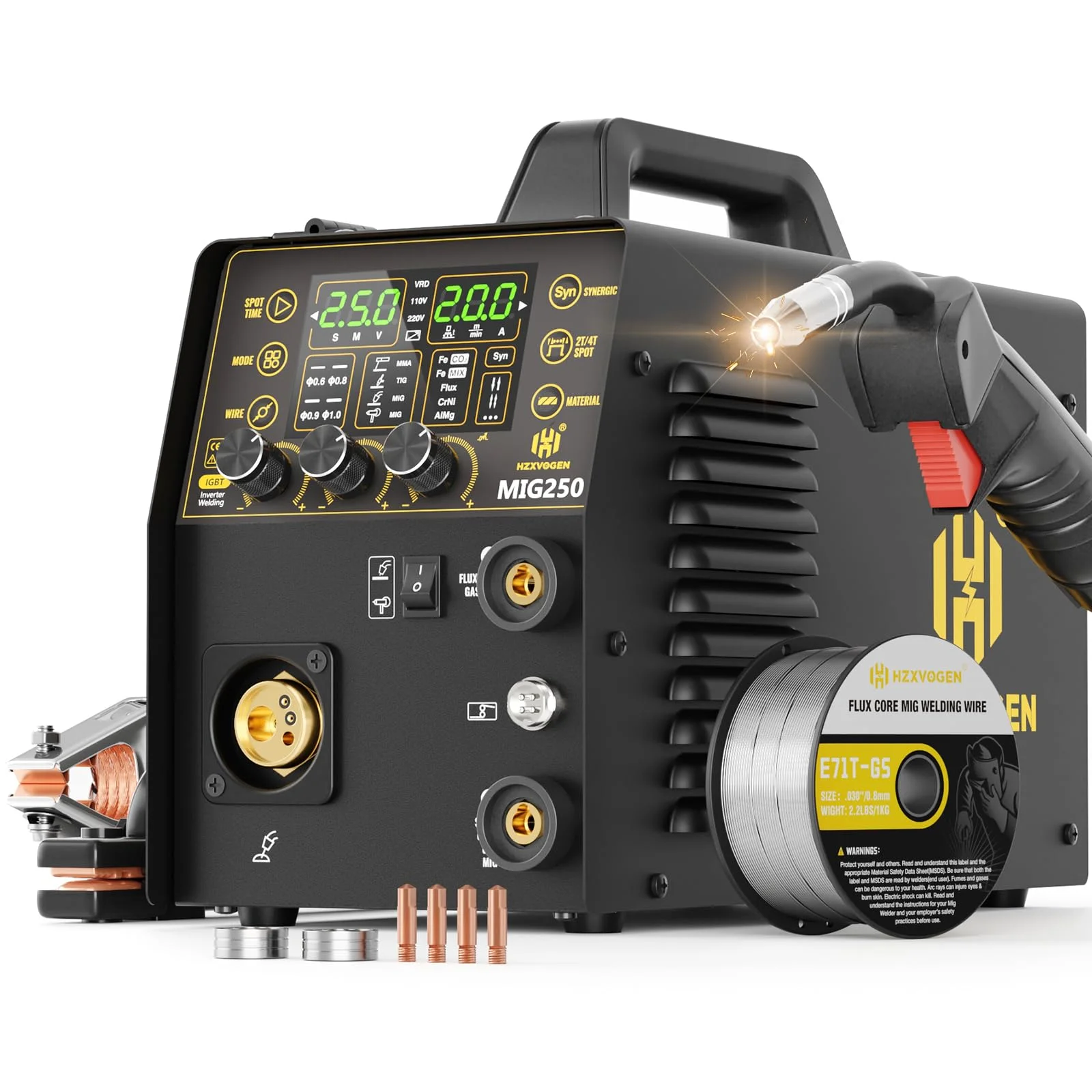 H HZXVOGEN 250A Aluminium-MIG-Schweißgerät, 6-in-1-Schweißgerät für Gas-MIG/Fülldraht-MIG/Lift-TIG/Elektroden-/Punkt-/Spool-Gun-/Puls-MIG-Schweißen, 230V synergische/manuelle Steuerung mit LED-Anzeige