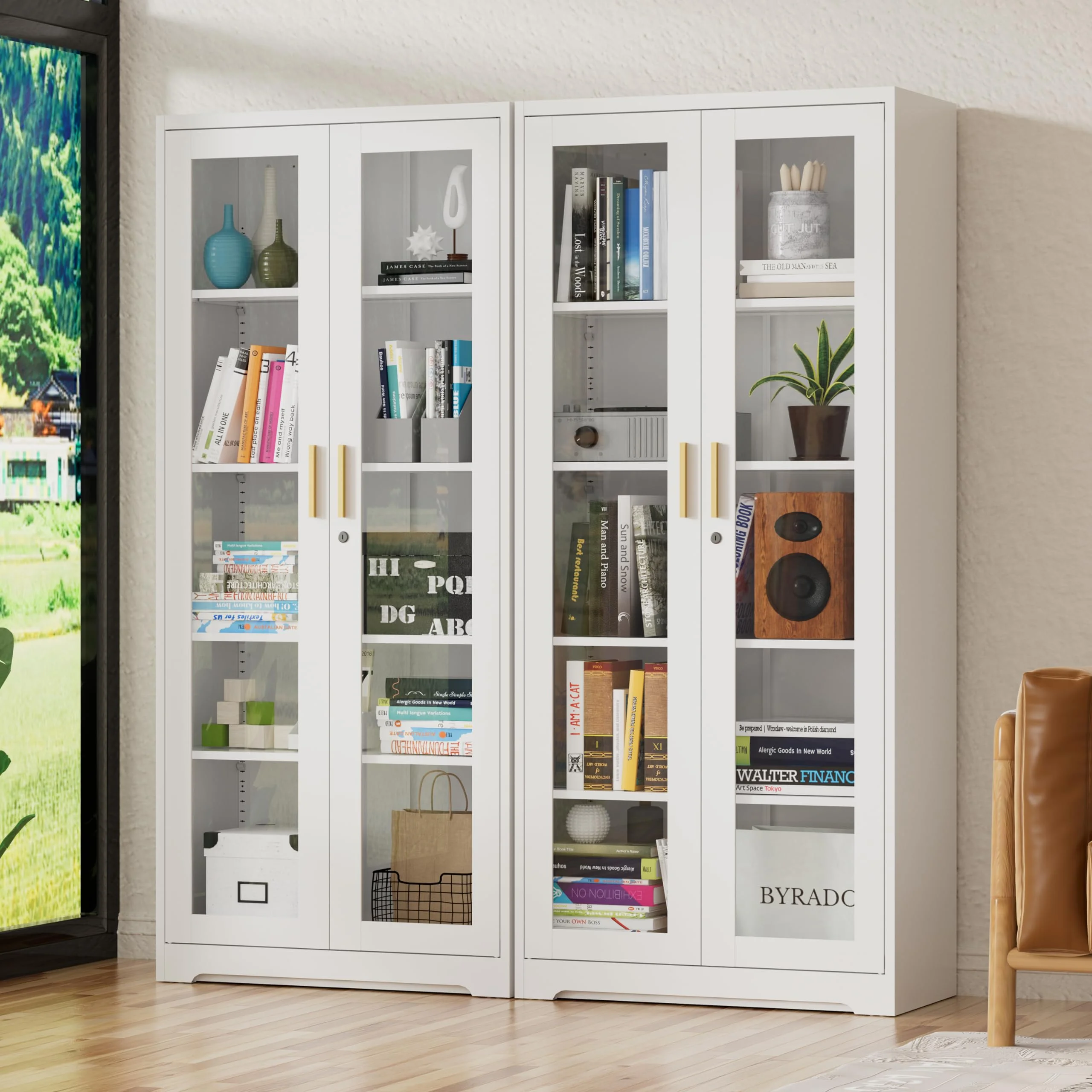 TIMELESS PIECES Vitrine,Glasvitrine Stehend Vitrinenschrank mit 4 höhenverstellbaren Glastüren, Sammlervitrine mit abschließbar Glasschrank für Wohnzimmer Schlafzimmer Wein Büro, Weiß(40x80x180cm)