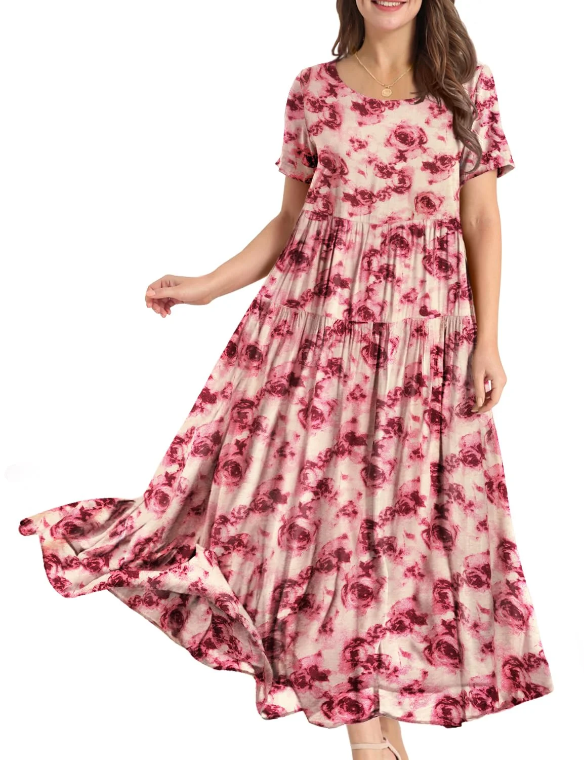 YESNO Damen Kleider Freizeit Lose Sommerkleid Lang Boho Maxikleid für Rundhals Strandkleid Blumenkleid EJFDE