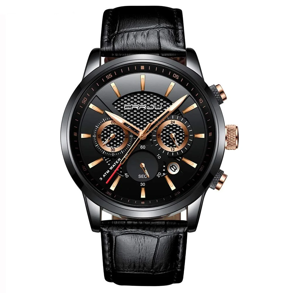 CRRJU Uhr Herren Lederarmband Armbanduhr Chronographen Analog Quarz Uhren für Männer Herrenuhr wasserdichte Mit Datum Schwarz