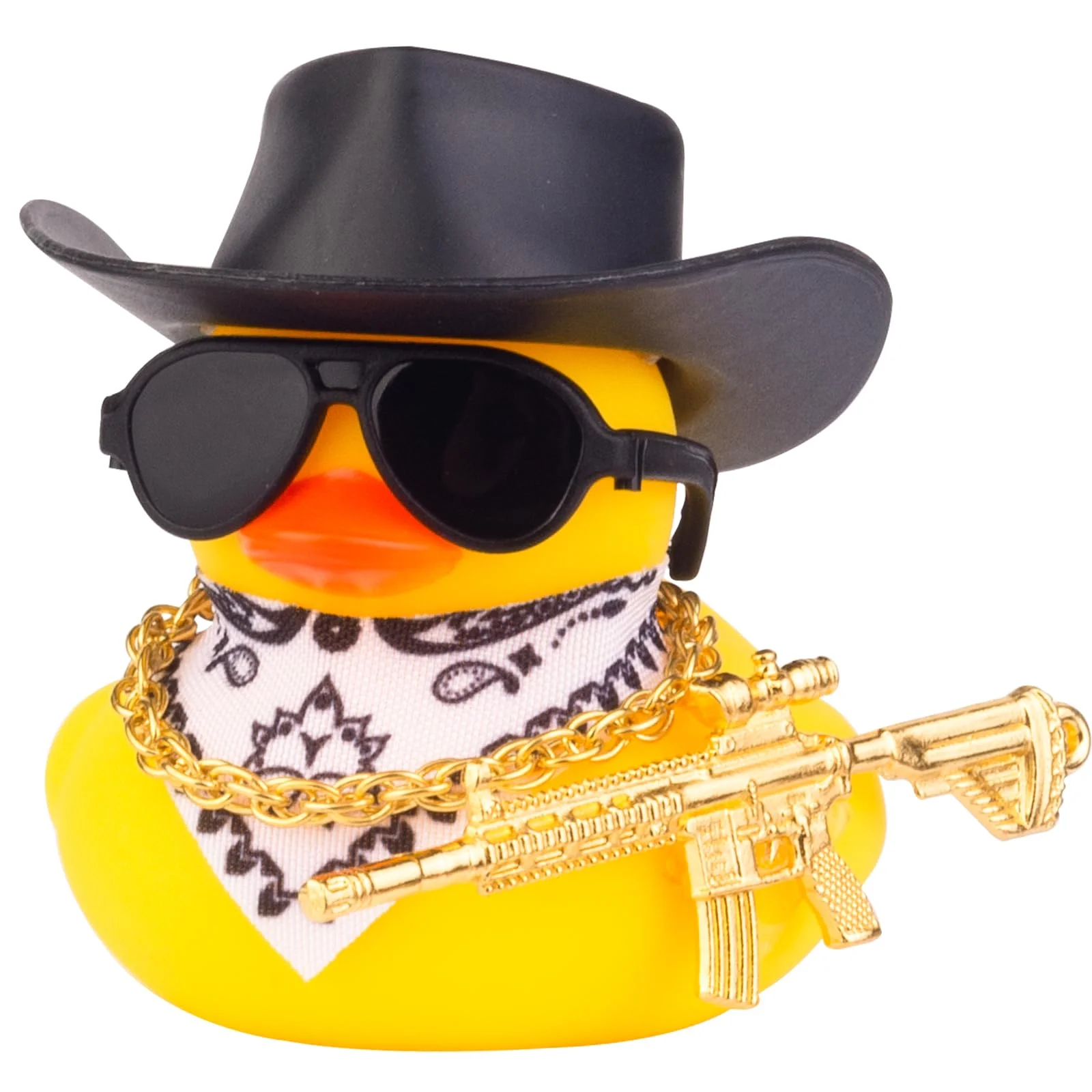 Mwmoeen Ente für Auto Armaturenbrett Dekorationen, Gelbe Gummiente Auto Ornamente mit Cowboyhut Sonnenbrille Goldenen Ketten Halstuch und Coole Requisite für Auto, Büro, Zimmer Dekoration